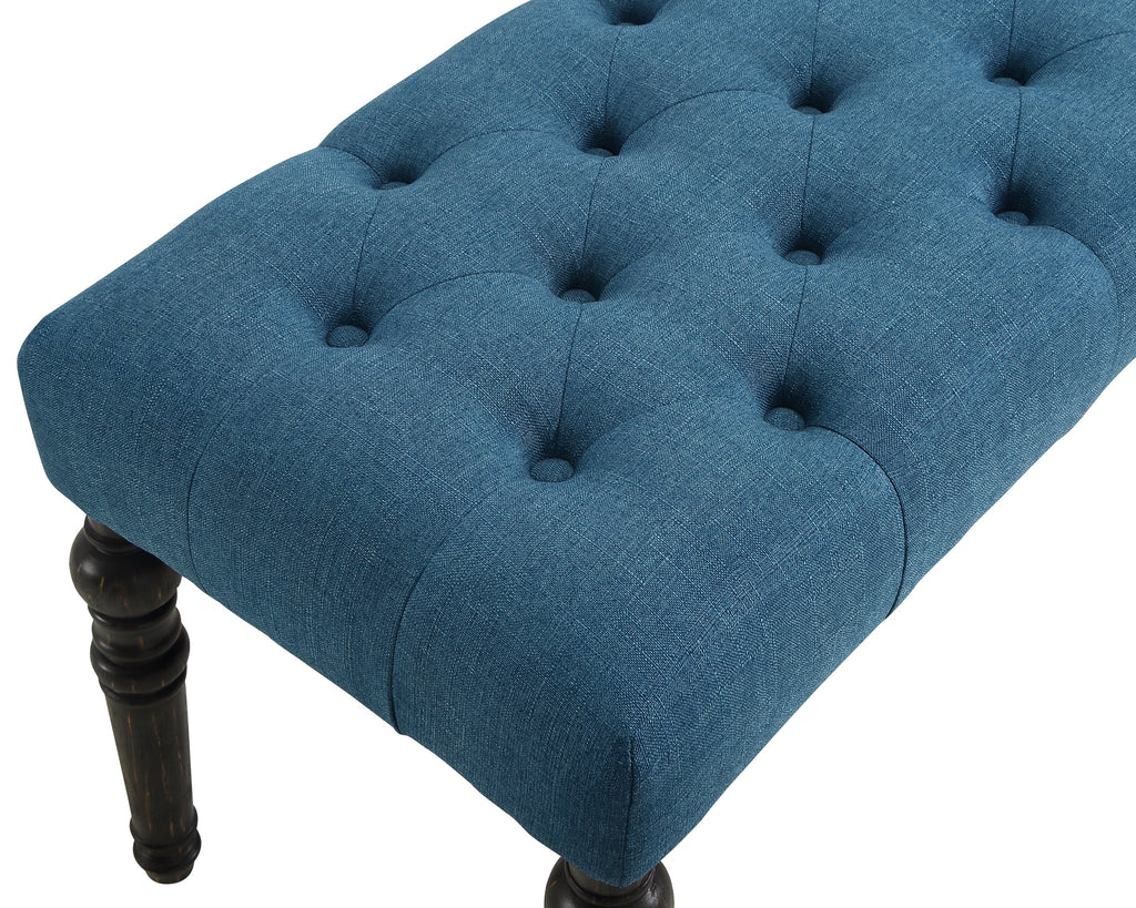 Leviton Fabric Tufted Turned Leg  Dining Bench, Blue - Grand Goldman Shop