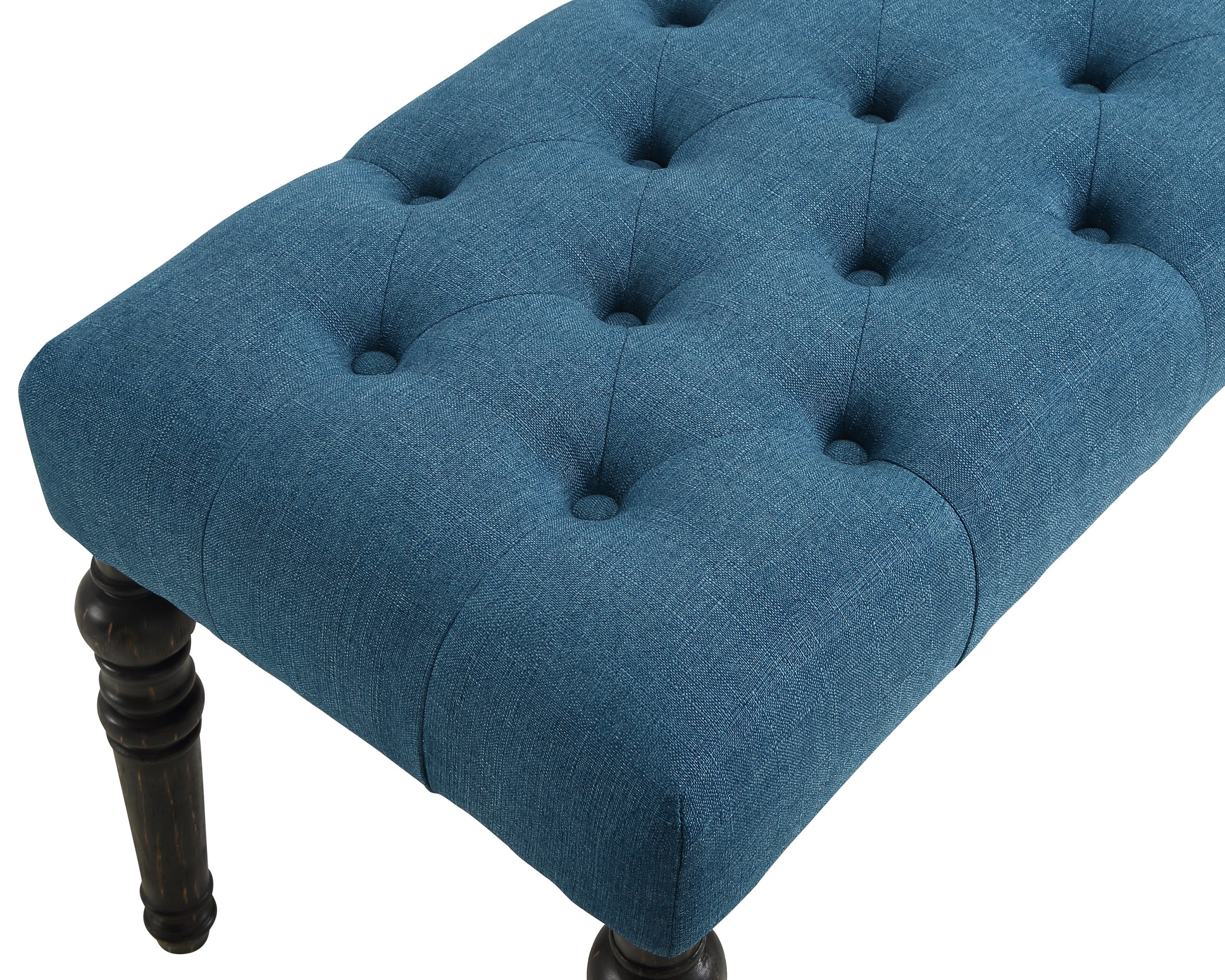 Leviton Fabric Tufted Turned Leg  Dining Bench, Blue - Grand Goldman Shop