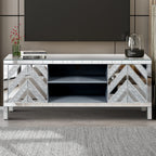 Mirrored TV Stand for 65+ inch TV,Sliver TV Console Table with Open Storage & 2 Storage Cabinets ,M Shape Sparkling Mirror Doors for Living Room(59''W x 25.2''H x 15.7D) - Grand Goldman Shop
