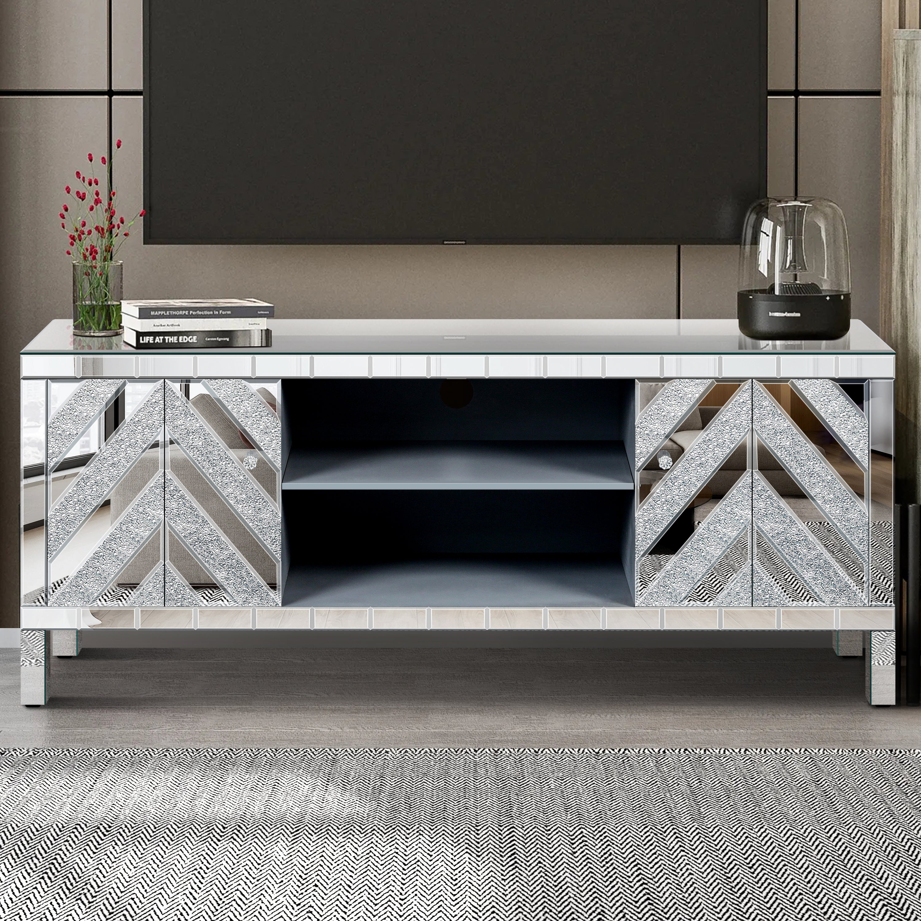 Mirrored TV Stand for 65+ inch TV,Sliver TV Console Table with Open Storage & 2 Storage Cabinets ,M Shape Sparkling Mirror Doors for Living Room(59''W x 25.2''H x 15.7D) - Grand Goldman Shop