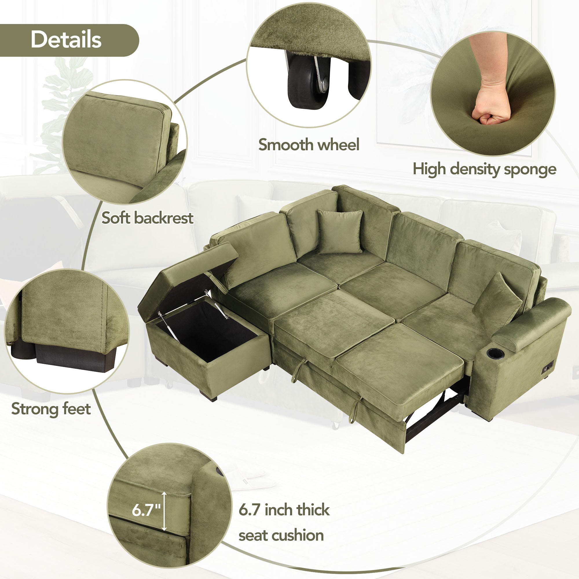 Green Velvet Sleeper Sofa Bed with Storage Ottoman, L Shape Pull Out Couch for Living Room and Bedroom - Grand Goldman Shop