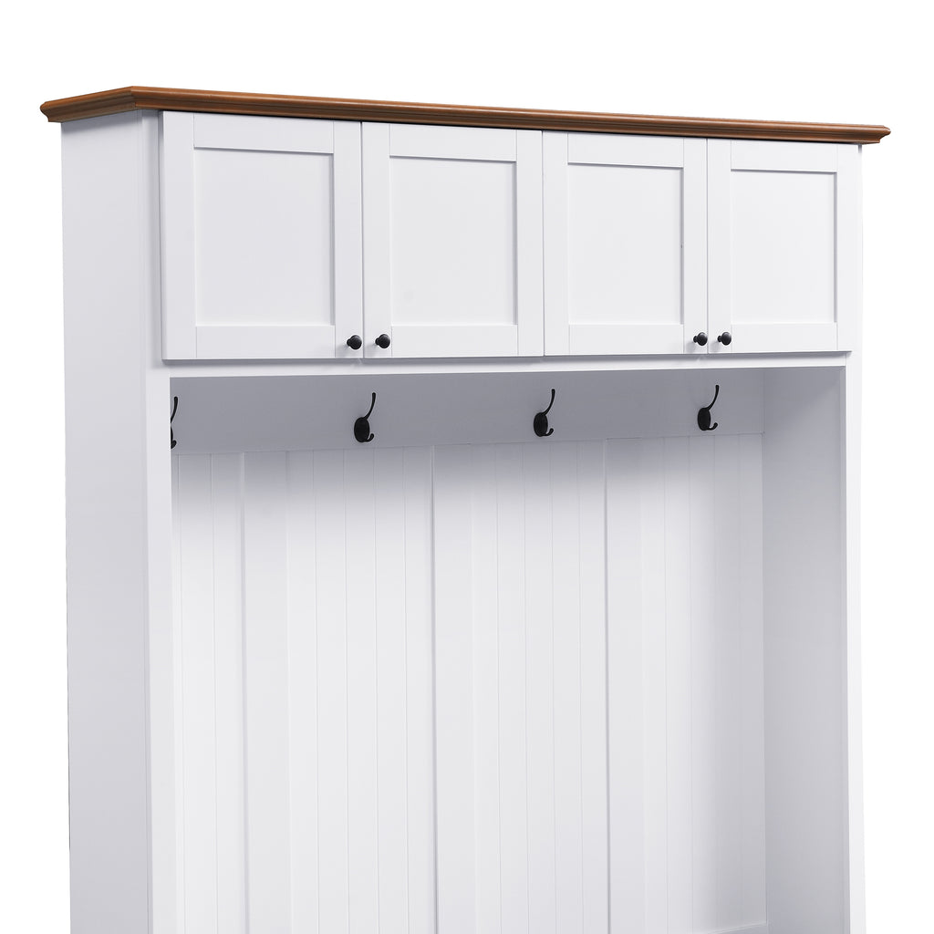 59''W Entryway Hall Tree with Bench and Storage, Farmhouse Wood-grain Accent 4-in-1 Hall Tree with Cabinets, Coat Racks and Hooks for Hallway, Entryway, living room and Mudroom - Grand Goldman Shop