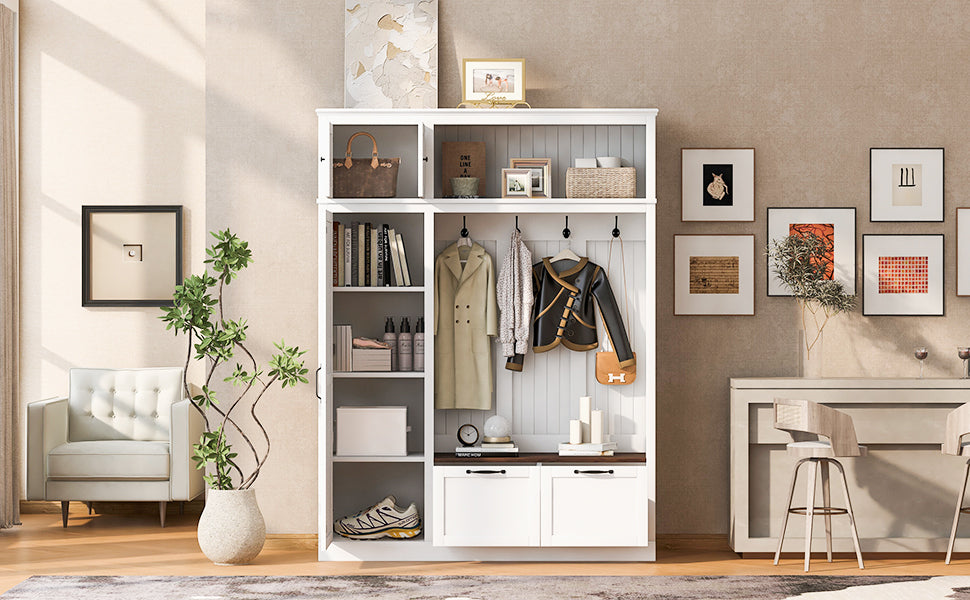 3-in-1 Hall Tree with Overhead Storage Cabinet, 3 Adjustable Side Shelves, 4 Heavy-Duty Hooks, 2 Spacious Drawers, Grooved Back Panel Design, Contrasting Seat Bench, Multifunctional Entryway Organizer - Grand Goldman Shop