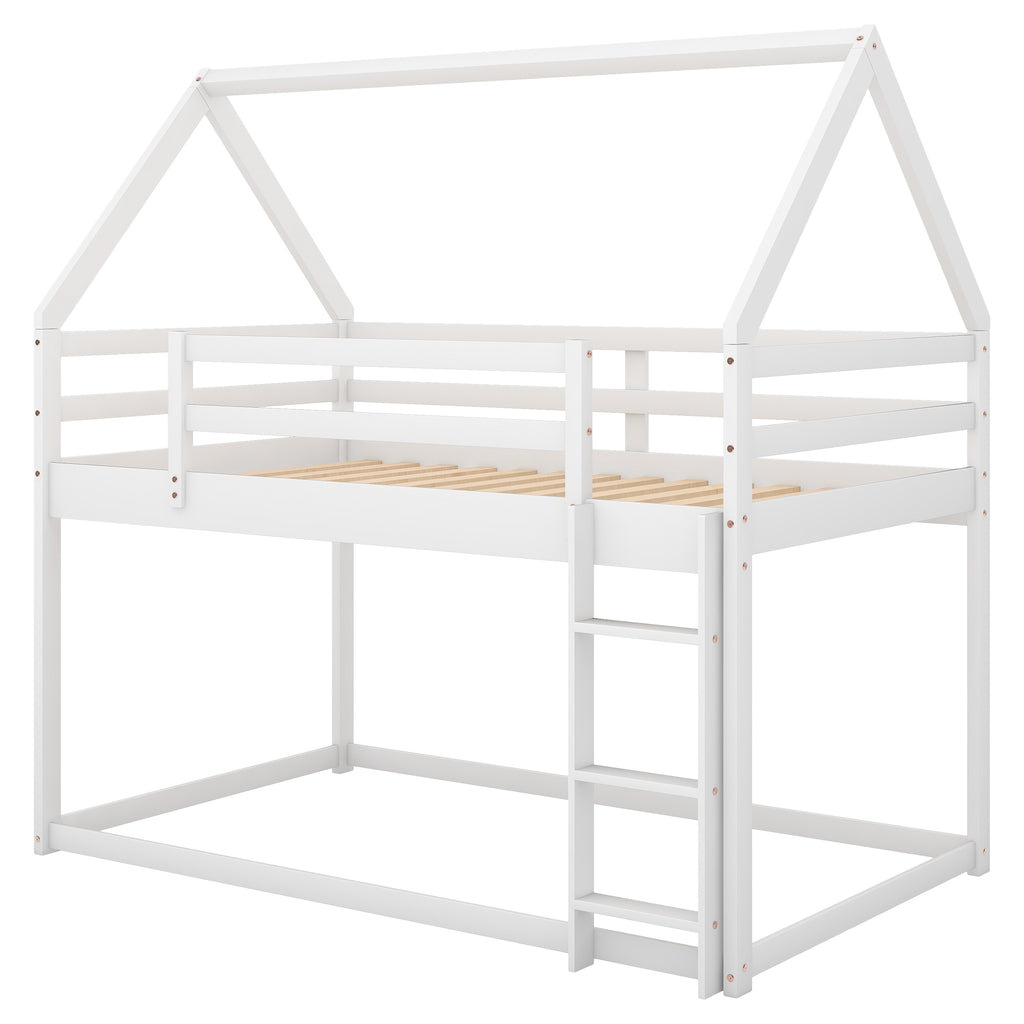 Twin over Twin Low Bunk Bed with Ladder, White - Grand Goldman Shop