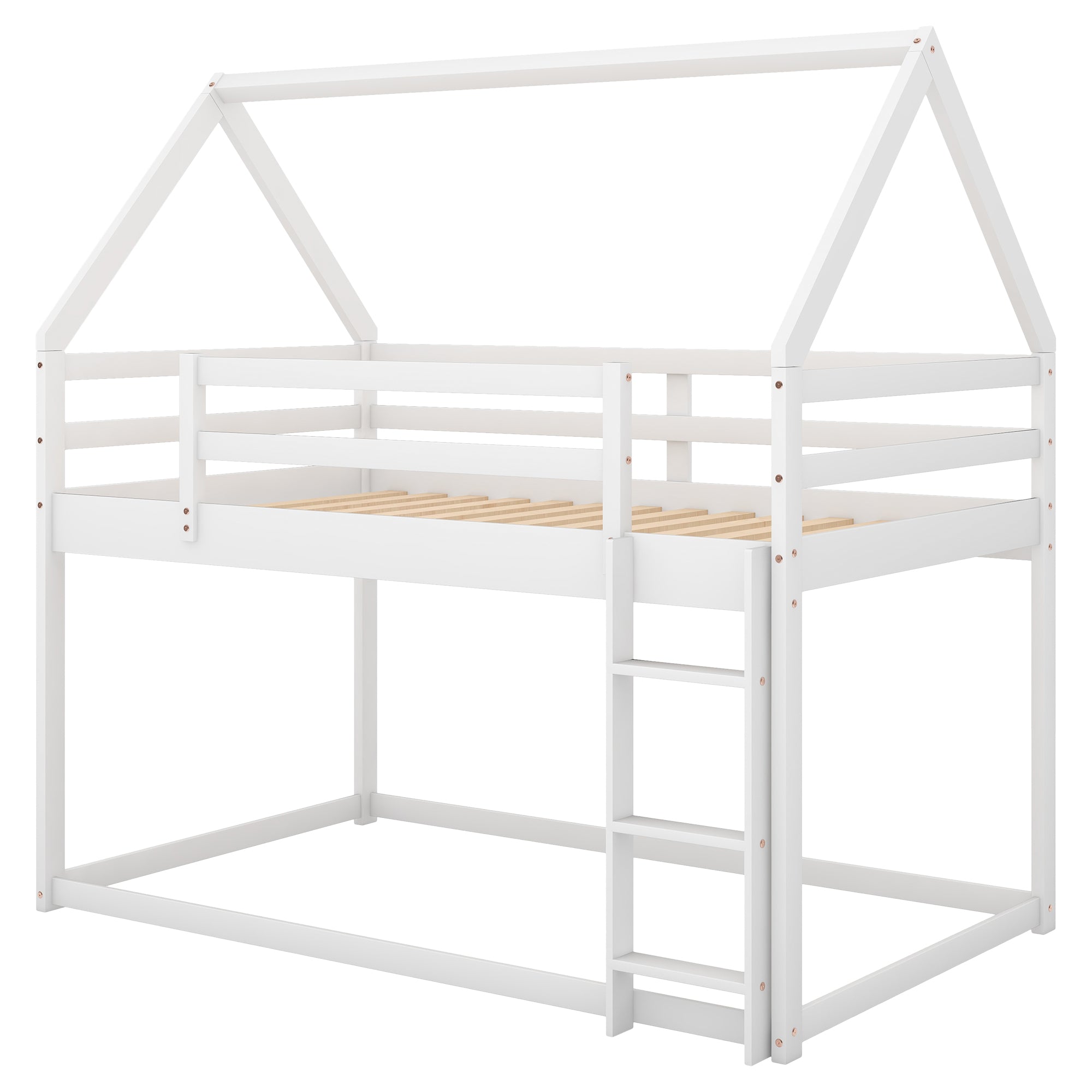 Twin over Twin Low Bunk Bed with Ladder, White - Grand Goldman Shop