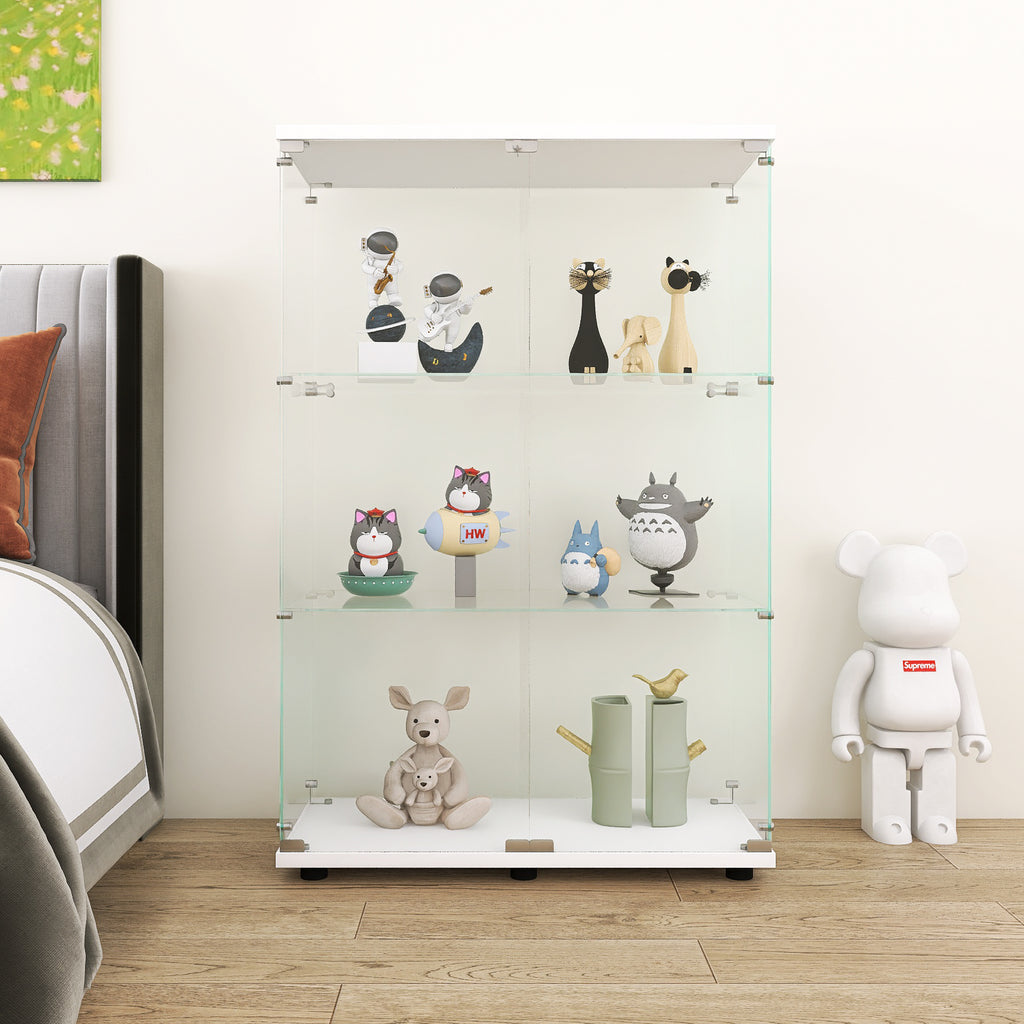 Two-door Glass Display Cabinet 3 Shelves with Door, Floor Standing Curio Bookshelf for Living Room Bedroom Office, 49.3'*31.7