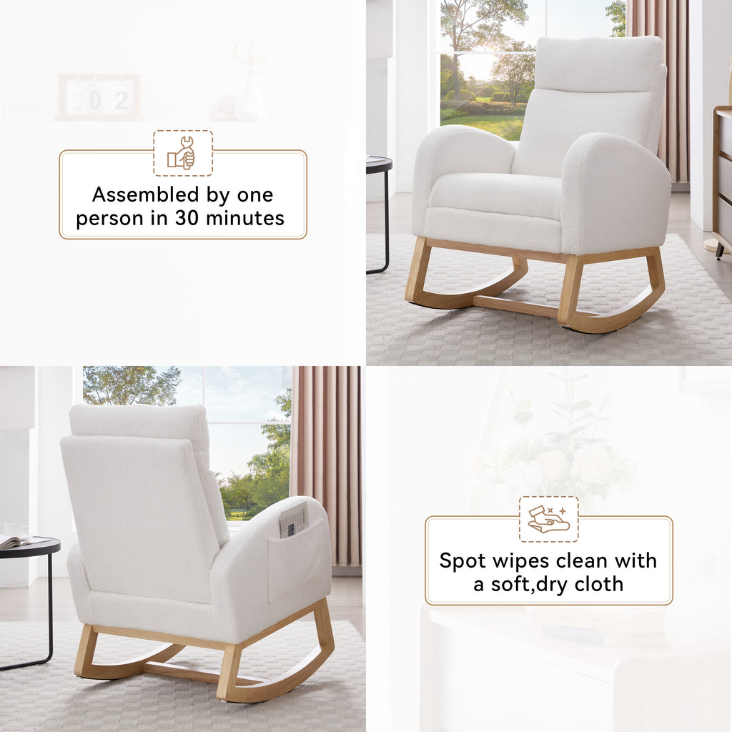 015B-Teddy Fabric Leisure Rocking Chair,Nursery Rocking Chair With Adjustable Footstool,Thickened Headrest And High Backrest, Storage Pocket On The Right Side,The Base Rocker Is Solid Wood,White - Grand Goldman Shop