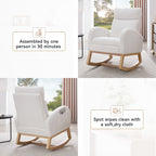 015B-Teddy Fabric Leisure Rocking Chair,Nursery Rocking Chair With Adjustable Footstool,Thickened Headrest And High Backrest, Storage Pocket On The Right Side,The Base Rocker Is Solid Wood,White - Grand Goldman Shop