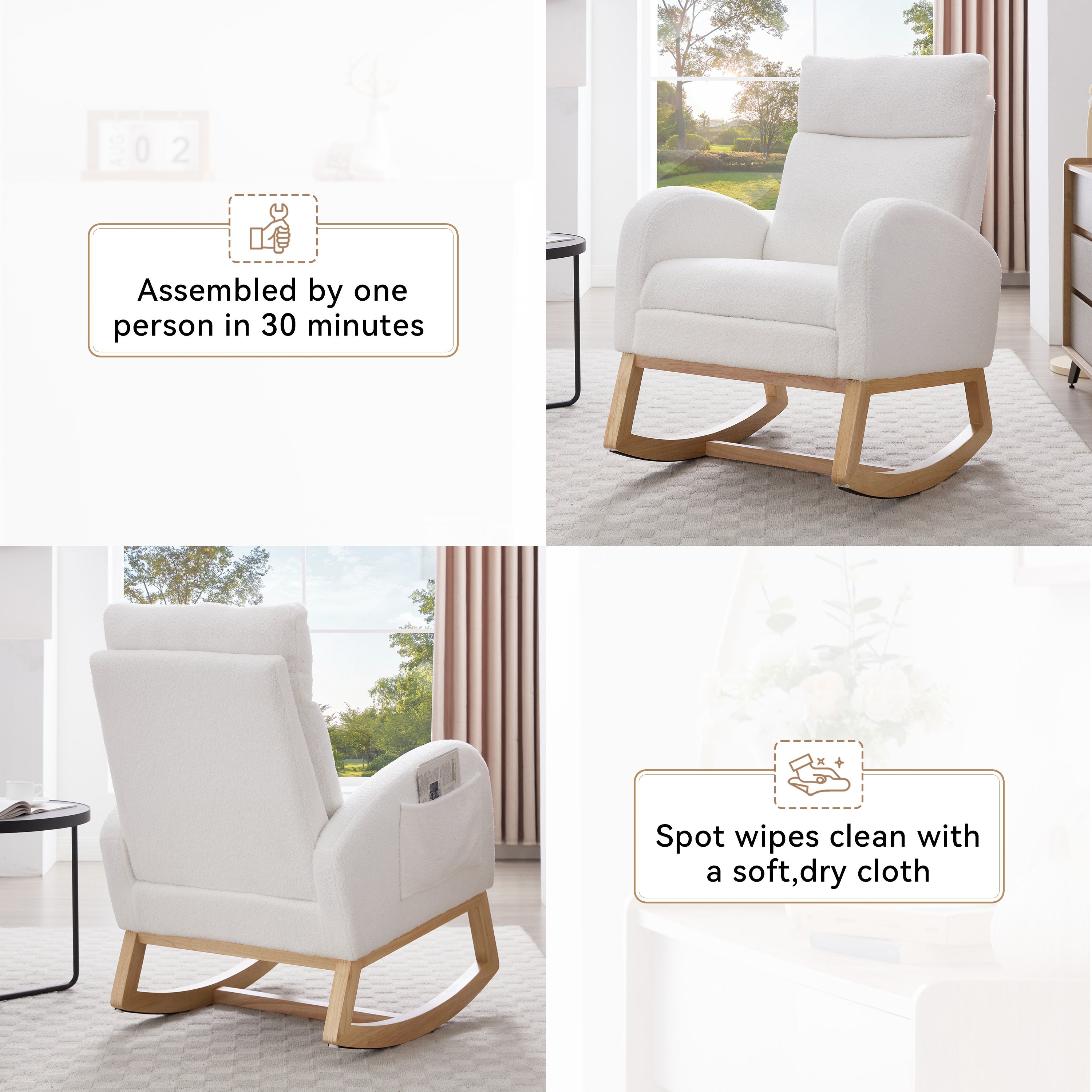 015B-Teddy Fabric Leisure Rocking Chair,Nursery Rocking Chair With Adjustable Footstool,Thickened Headrest And High Backrest, Storage Pocket On The Right Side,The Base Rocker Is Solid Wood,White - Grand Goldman Shop