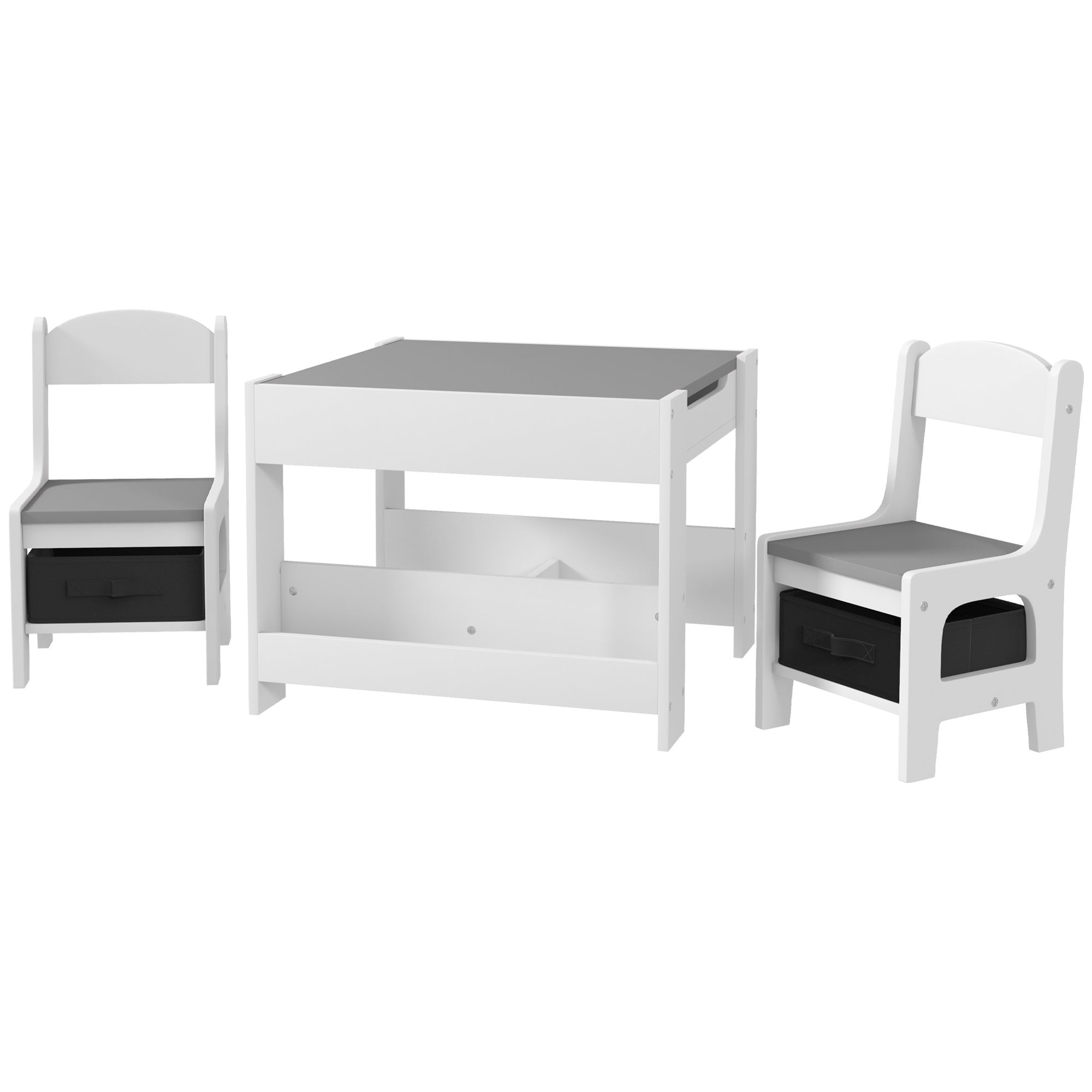 Qaba 3 Piece Kids Table and Chair Set, 2 in 1 Toddler Table and Chair Set with Reversible Tabletop Blackboard, Storage & Book