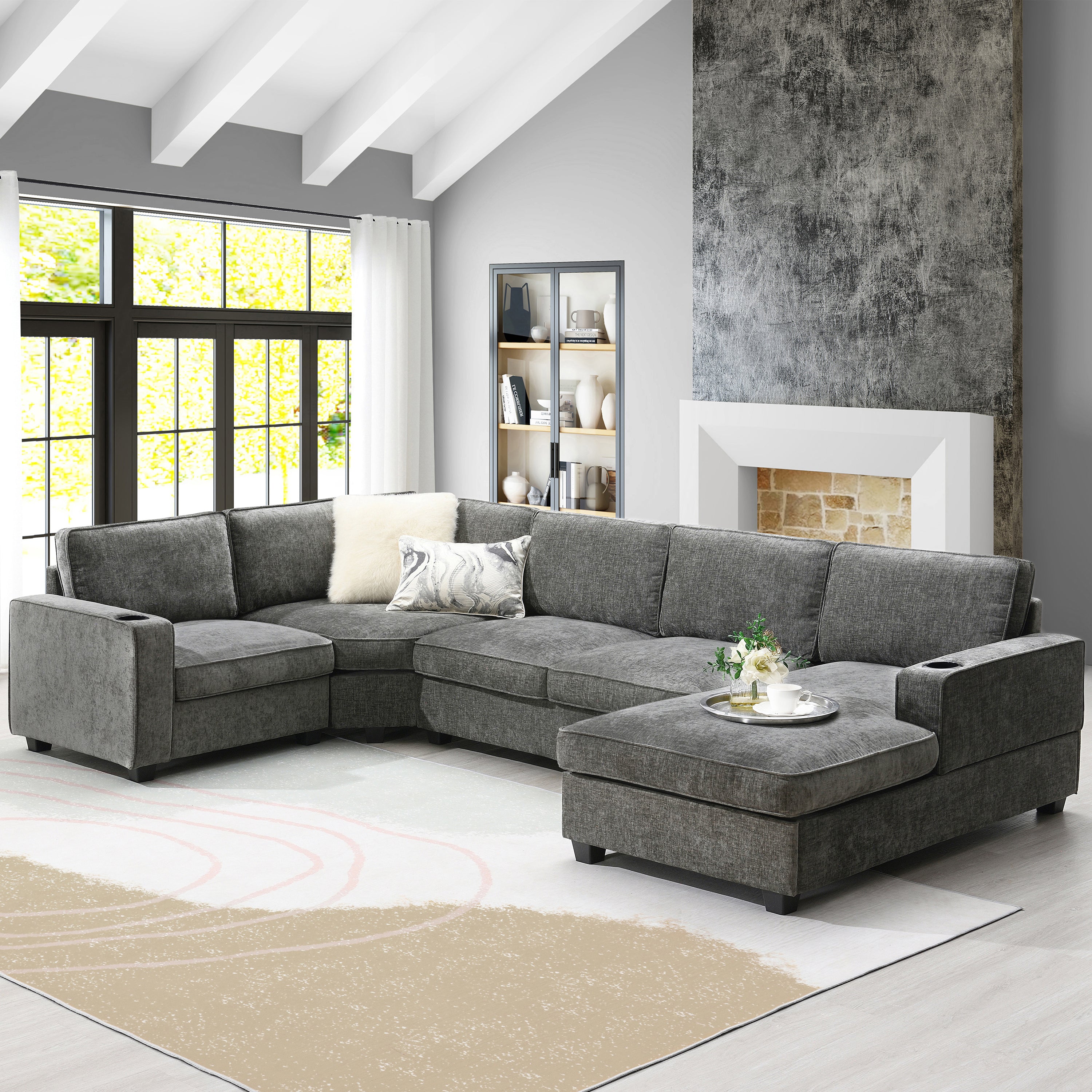 [VIDEO]119' U-Shaped Sectional Sofa, 6 Seat Chenille Corner Couch Set with Cup Holders, Oversized Chaise Lounge, Irregular Corner, Deep and Wide Seat, Comfy Sofa for Living Room&Apartment, 2 Colors - Grand Goldman Shop