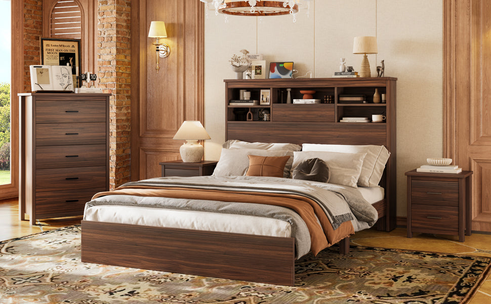 4PCS Bedroom Sets, Wooden Queen Size Bed Frame with Storage Headboard and Charging Station, 2 Nightstands with 2 Drawers, 1 Dresser with 5 Drawers, Walnut(old SKU HL000102AAD) - Grand Goldman Shop
