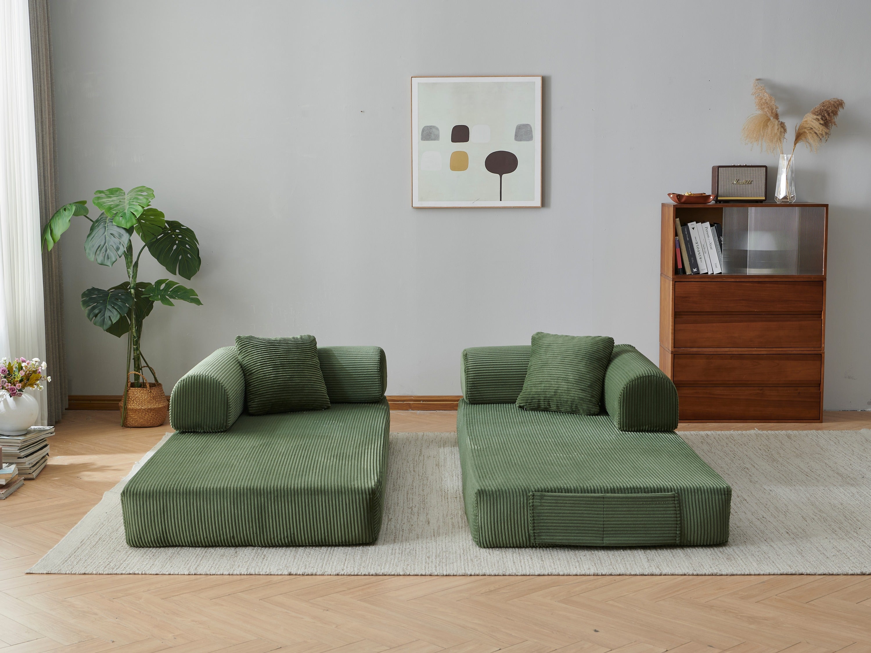 78.8' Compression Sofa,Convertible Floor Sofa Bed-with Pillow Back Support Armrest,Comfy Futon Couch Sleeper Bed,Loveseats Boneless Modular Sectional Sofa,Corduroy fabric,for Living Room,Bedroom,Green - Grand Goldman Shop