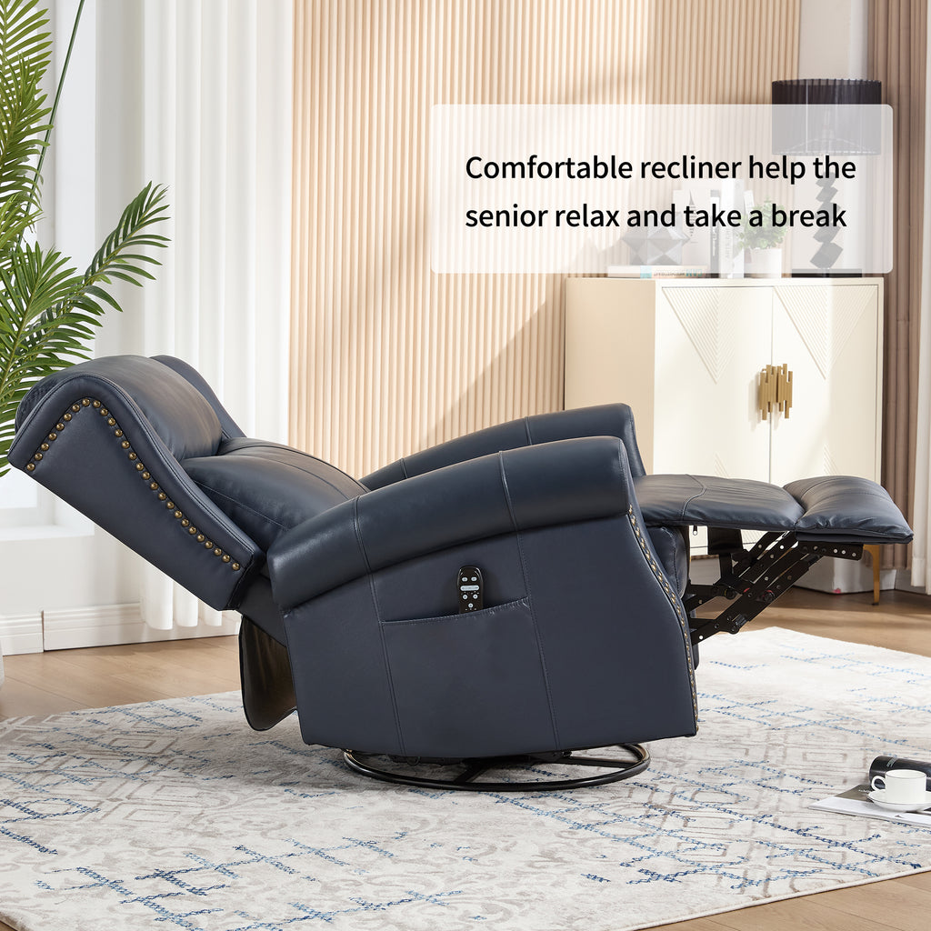 Heat Massage Manual Recliner Chair with Rocker and Swivel in Genuine leather for Living Room, Blue - Grand Goldman Shop