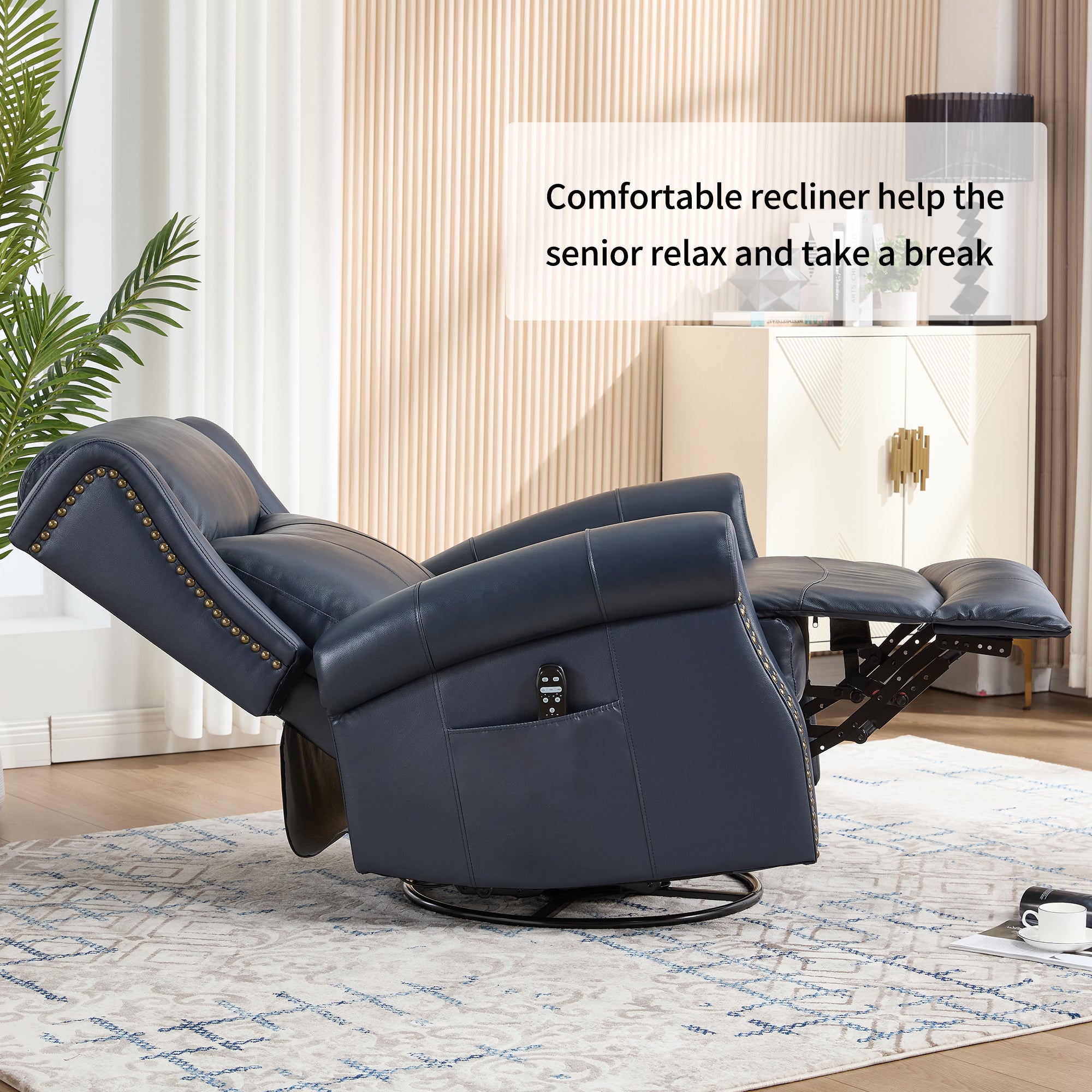 Heat Massage Manual Recliner Chair with Rocker and Swivel in Genuine leather for Living Room, Blue - Grand Goldman Shop