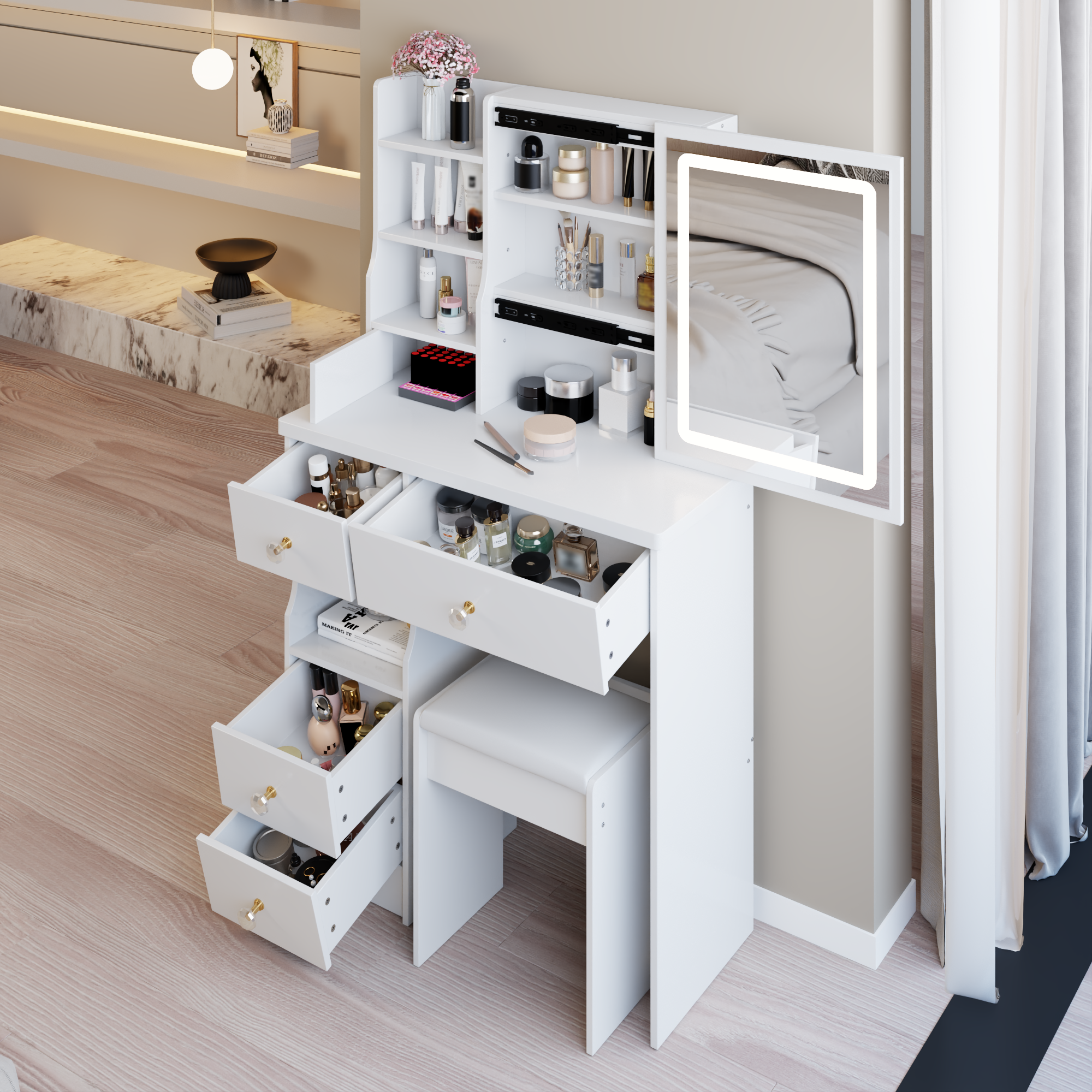 29.2' Small Size Left Drawer Desktop Vanity Table + Cushioned Stool, Large Sliding, Touch Control, Tri-color Switching, Brightness Adjust LED Mirror, High Capacity Storage, Suitable for Small Space - Grand Goldman Shop
