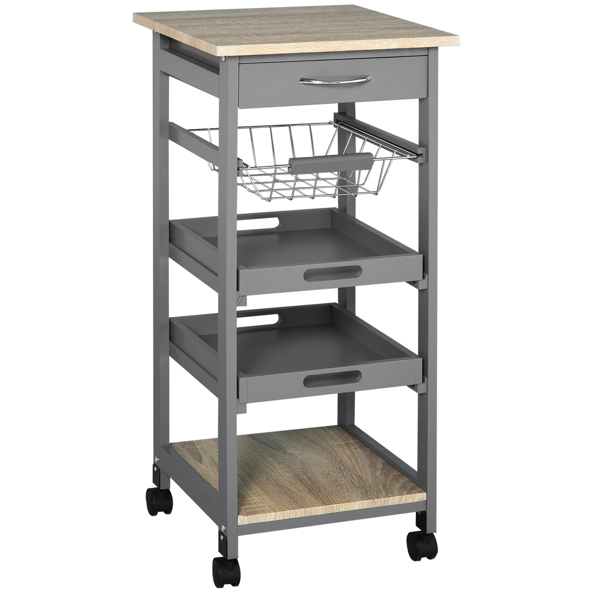 Mobile Rolling Kitchen Island Trolley Serving Cart with Underneath Drawer & Slide-Out Wire Storage Basket, Grey - Grand Goldman Shop