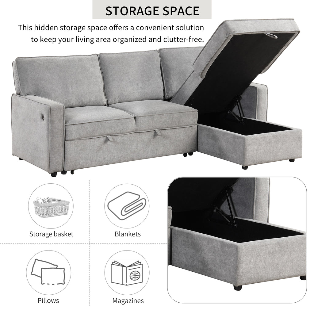 U_STYLE Upholstery Sleeper Sectional Sofa with Storage Space, USB port, 2 cup holders on Back Cushions(same sku; WY000335AAE) - Grand Goldman Shop