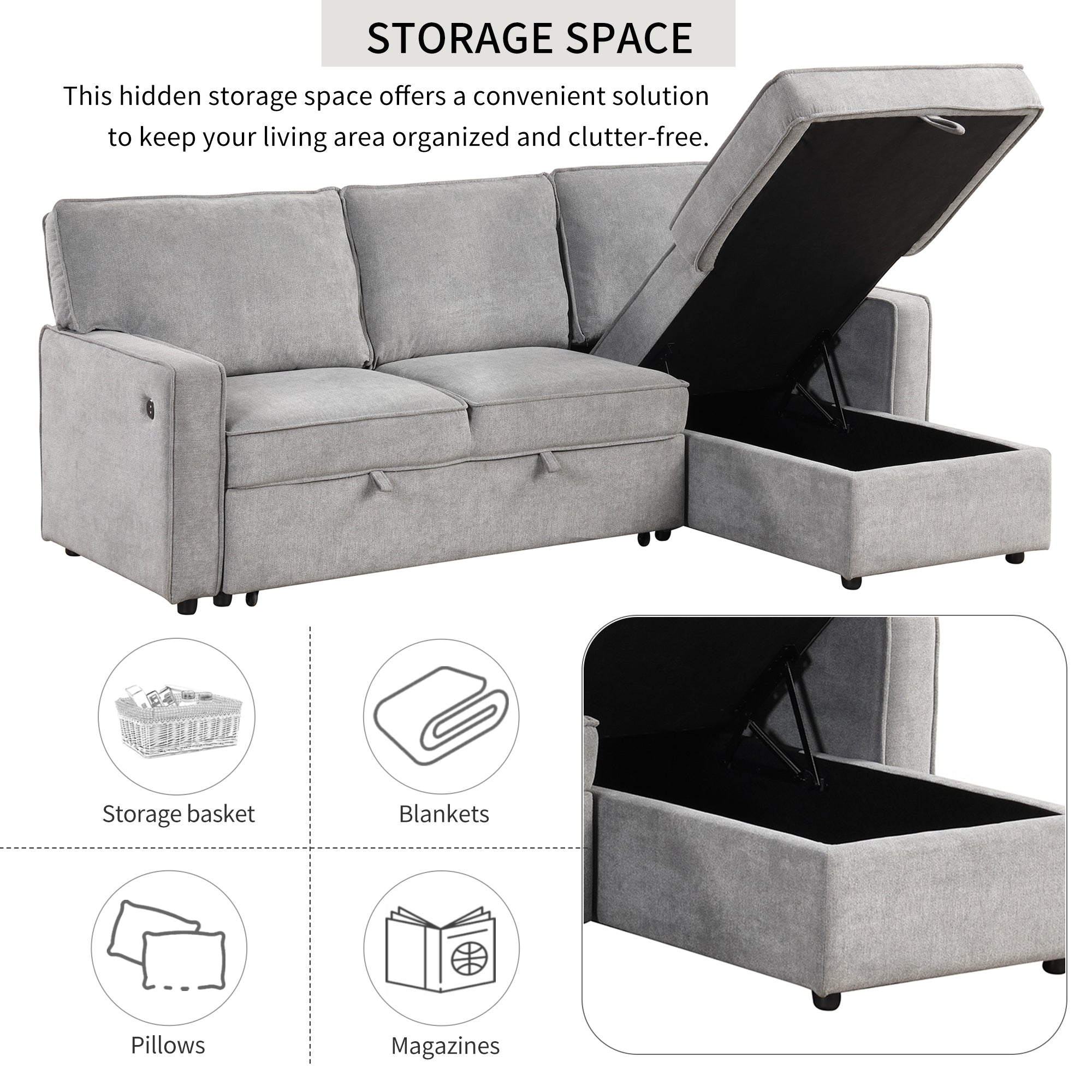 U_STYLE Upholstery Sleeper Sectional Sofa with Storage Space, USB port, 2 cup holders on Back Cushions(same sku; WY000335AAE) - Grand Goldman Shop