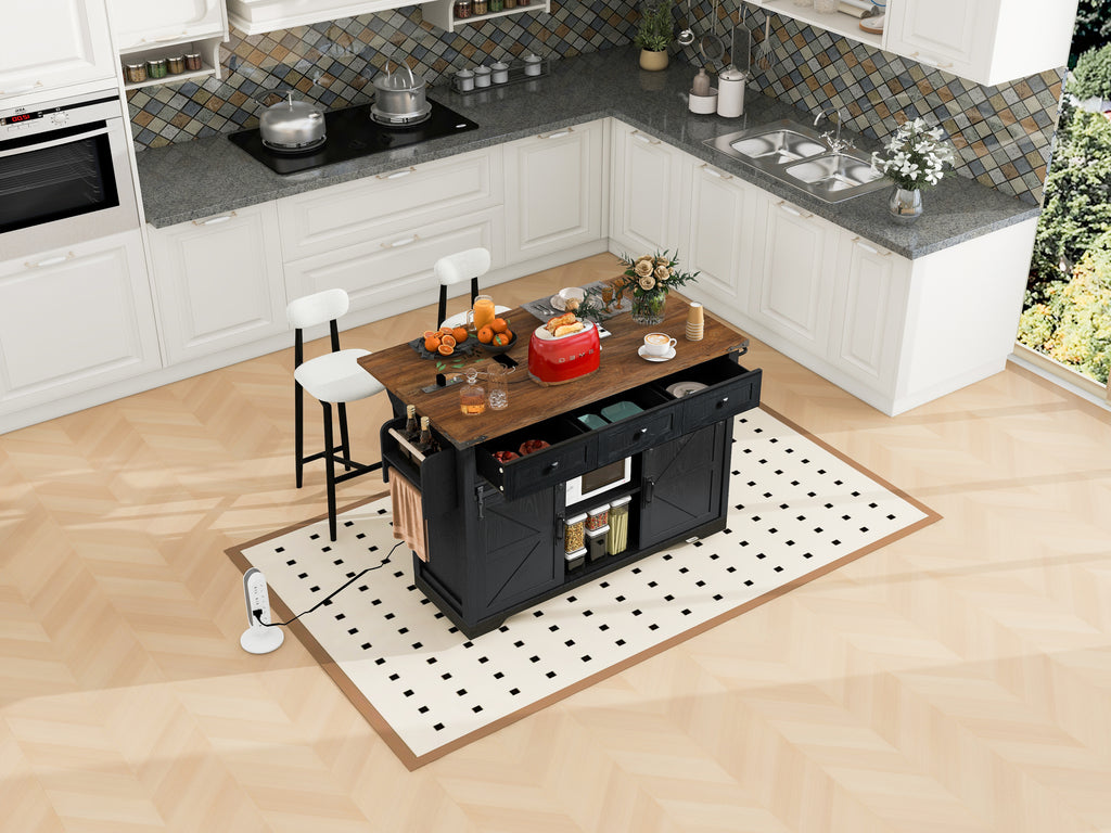 K&K 53.7' Farmhouse Kitchen Island with Power Outlet, 2 Sliding Barn Door Kitchen Storage Island with Drop Leaf, Spice Rack Rolling Kitchen Cart on Wheels, for Home, Kitchen and Dining Room, Black - Grand Goldman Shop