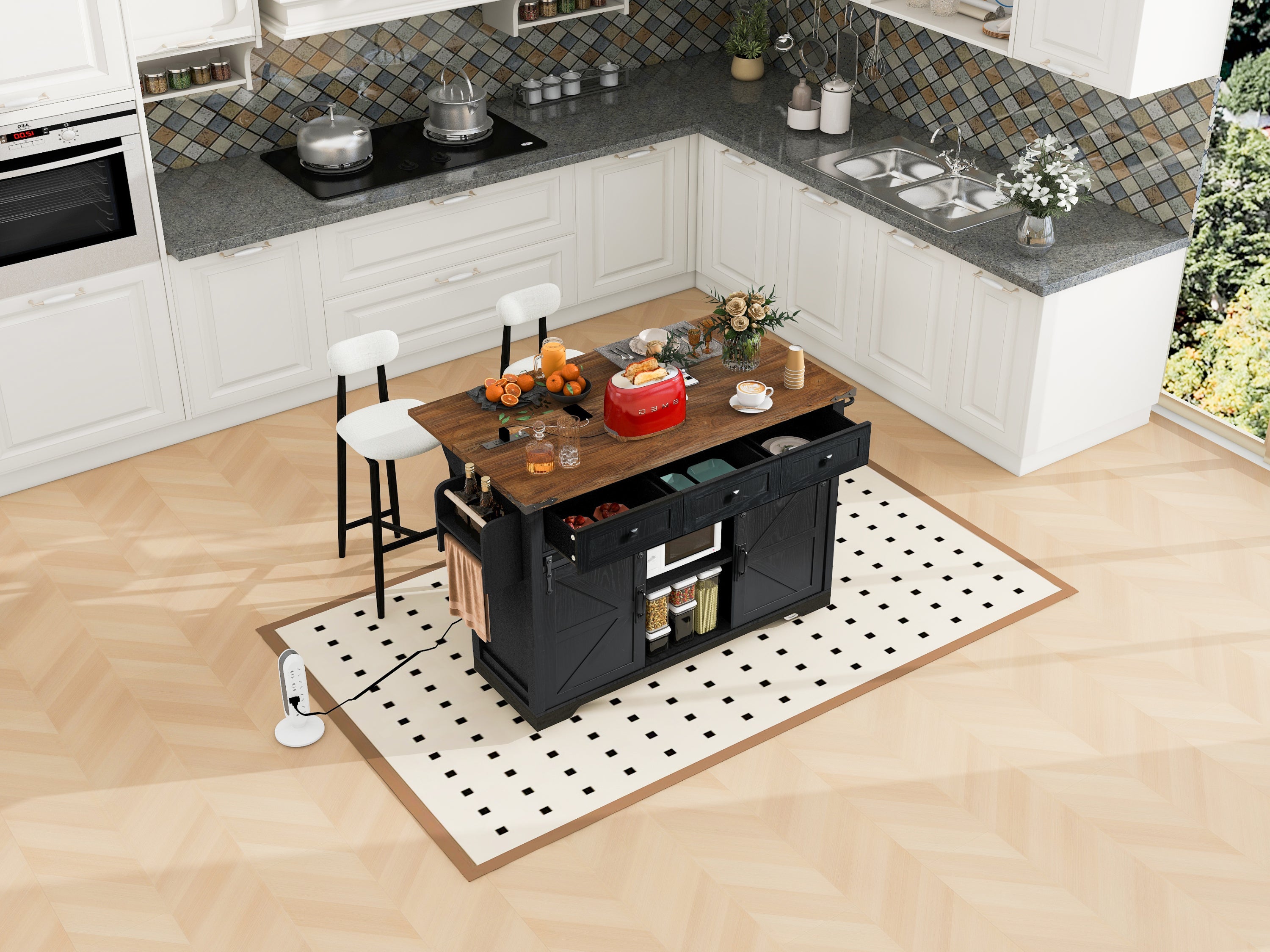 K&K 53.7' Farmhouse Kitchen Island with Power Outlet, 2 Sliding Barn Door Kitchen Storage Island with Drop Leaf, Spice Rack Rolling Kitchen Cart on Wheels, for Home, Kitchen and Dining Room, Black - Grand Goldman Shop