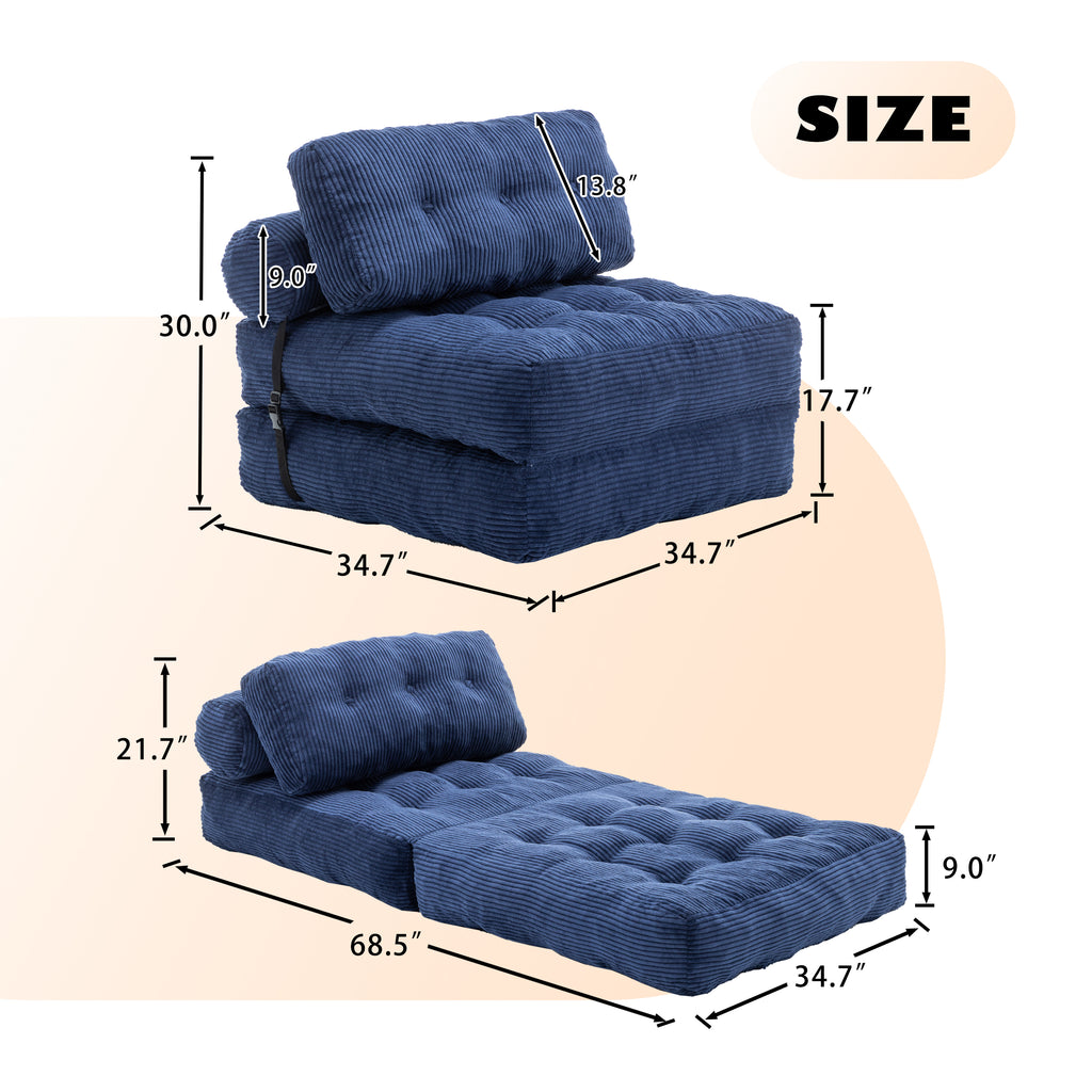 Folding Sofa Bed, Convertible Sleeper Chair with Pillow Foldable Mattress with Back Support, Portable Fold Out Chair Bed Comfy Floor Sofa Lounge for Living Room Bedroom, Dark Blue, Single - Grand Goldman Shop