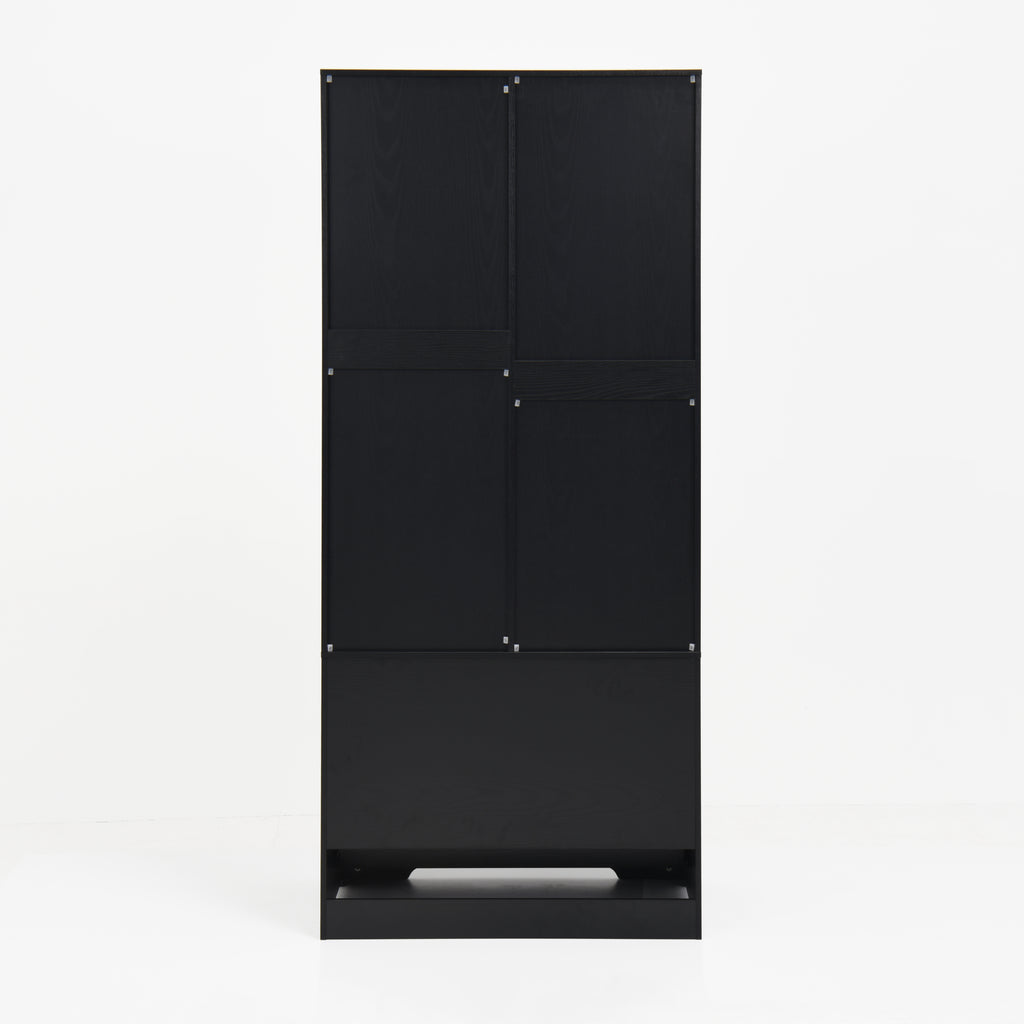2 Door Wood Wardrobe for Bedroom with Hanging Clothing Rod inside the Cabinet and 2 Drawers for Storage Organization, Built-in induction light Multifunctional Closet with Mirror, Black - Grand Goldman Shop