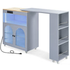 K&K Rolling Kitchen Island With Extended Table, Kitchen Island on Wheels with LED Lights,Power Outlets and 2 Fluted Glass Doors, Kitchen Island with a Storage Compartment and Side 3 Open Shelves, Grey - Grand Goldman Shop