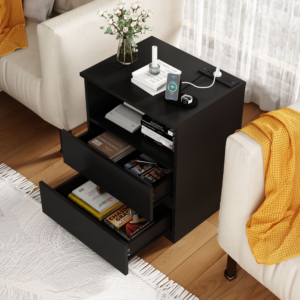 (Set of 2)End Table with Fast USB C Charging Station, Sofa Side Table with 2 Drawers, Large Storage Modern Wood Storage Cabinet for Living Room,Bedroom,Office, Black - Grand Goldman Shop
