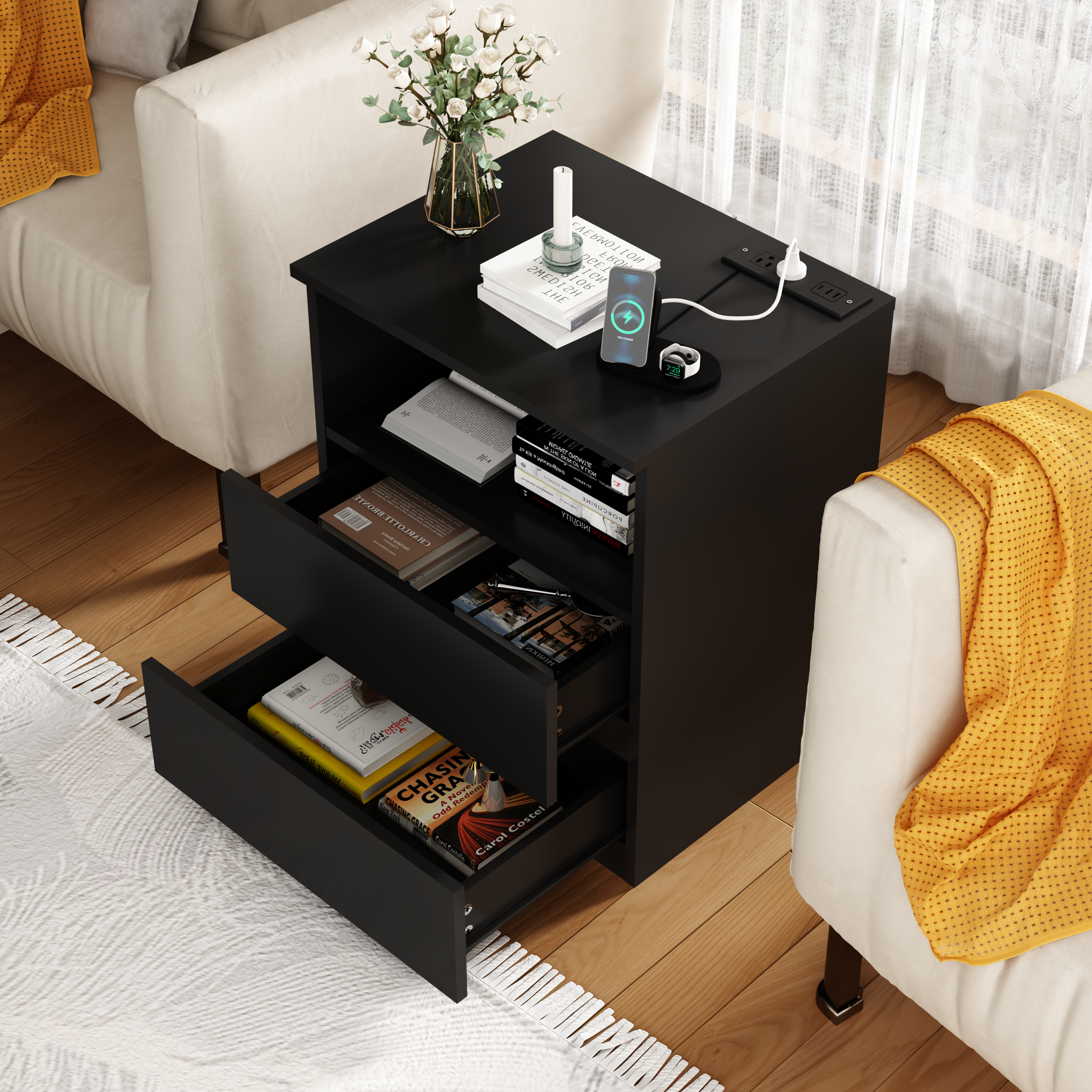 (Set of 2)End Table with Fast USB C Charging Station, Sofa Side Table with 2 Drawers, Large Storage Modern Wood Storage Cabinet for Living Room,Bedroom,Office, Black - Grand Goldman Shop