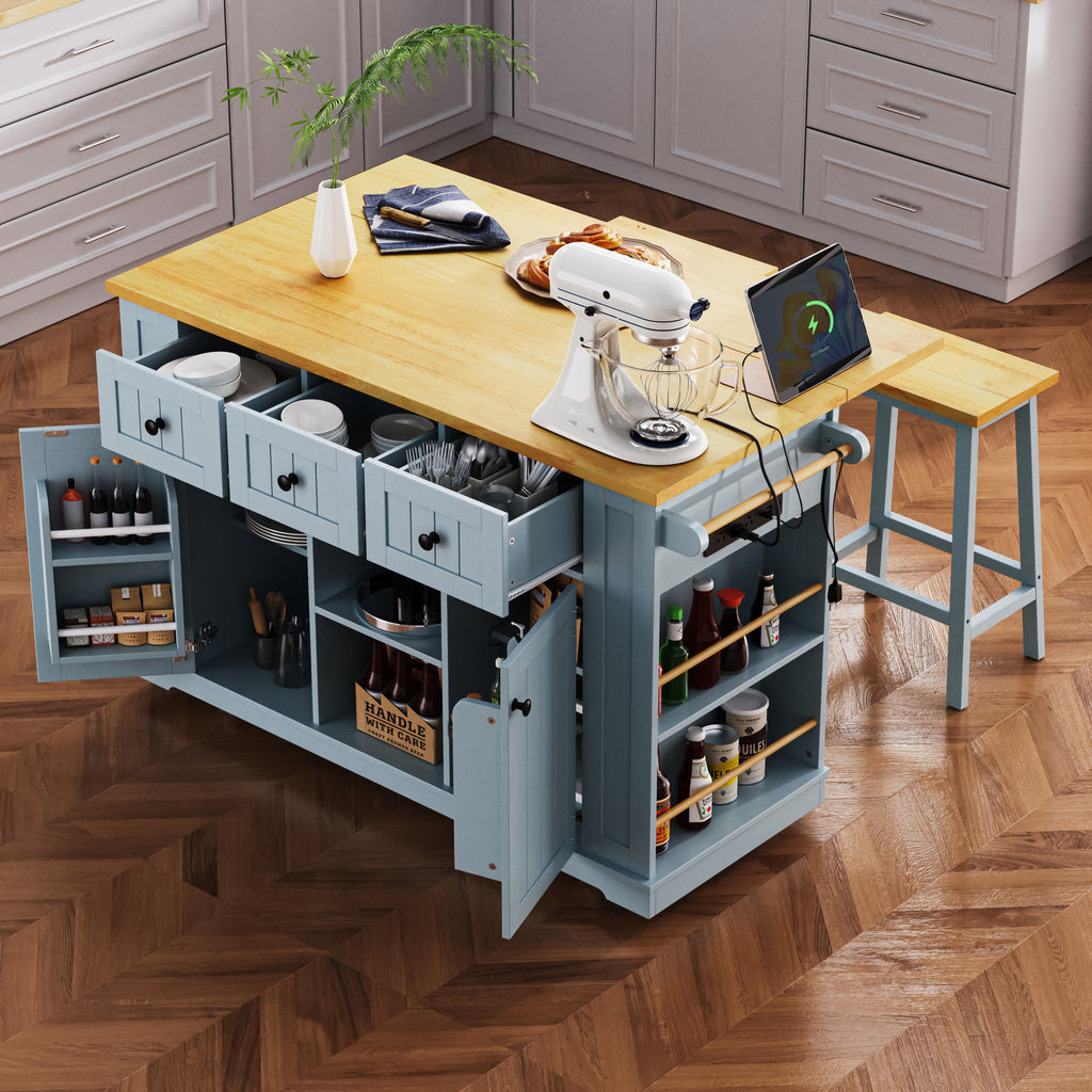 K&K 53inch Large Kitchen Island with 2 Bar Stools,Power Outlet,Door Internal Storage Rack,Kitchen Storage Cart on 5 Wheels with Drop Leaf,5 Open Side Racks,3 Drawers,Grey Blue (Three Packages) - Grand Goldman Shop