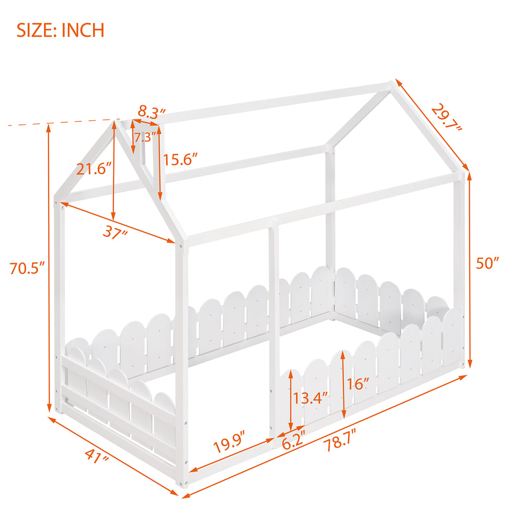 {Slats are not included}Twin Size Wood Bed House Bed Frame with Fence,for Kids,Teens, Girls,Boys {White}{OLD SKU:WF194274AAK} - Grand Goldman Shop