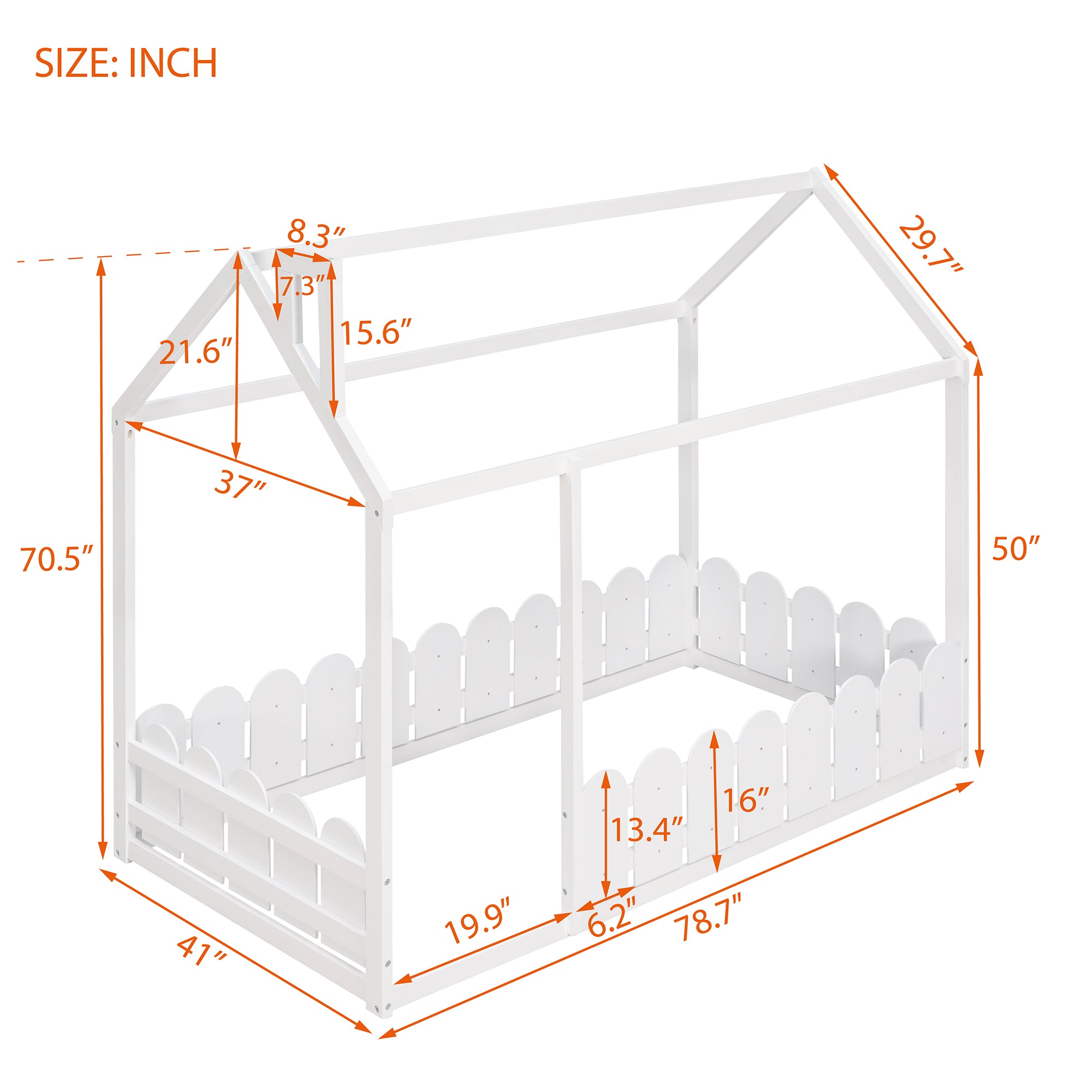 {Slats are not included}Twin Size Wood Bed House Bed Frame with Fence,for Kids,Teens, Girls,Boys {White}{OLD SKU:WF194274AAK} - Grand Goldman Shop