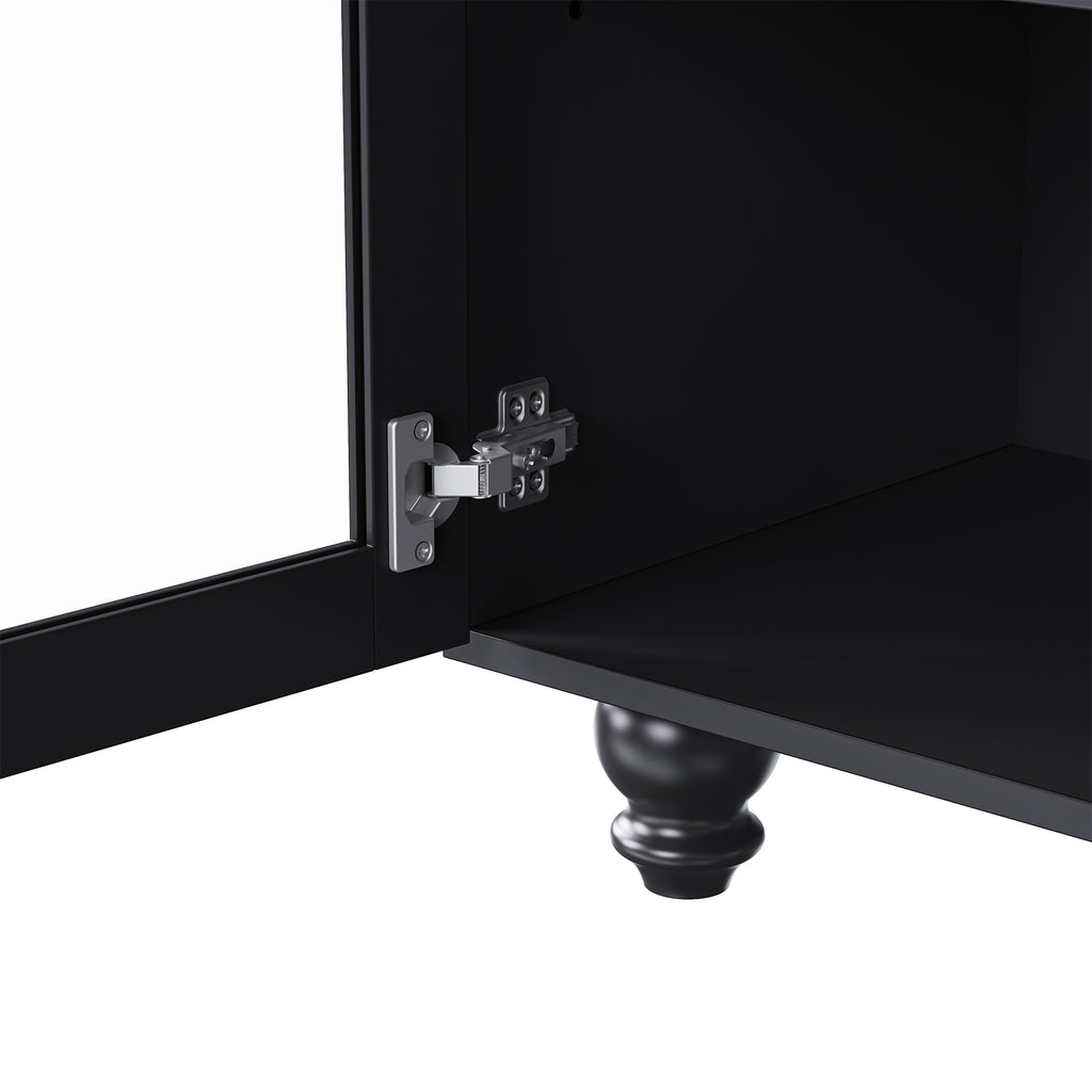 Farmhouse TV Stand with Solid Wood Gourd-Shaped Legs for TVs Up to 70', Entertainment Center with Bookshelves & Tempered Glass Doors, Media Console with Adjustable Shelves, Living Room, Black - Grand Goldman Shop