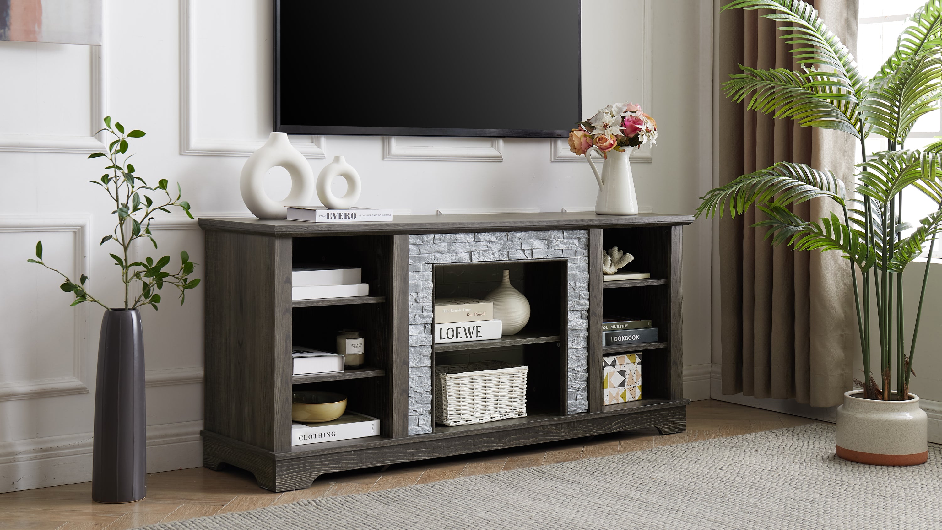 Mantel Stone TV Media Stand with with Faux Stacked Stone Surround, Modern Entertainment Console with Open Storage Space,Grey, 58.31'W*15.39'D*26.06'H - Grand Goldman Shop