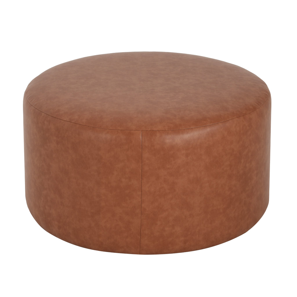 Upholstered Round Ottoman,PU Leather, Cognac Brown - Grand Goldman Shop