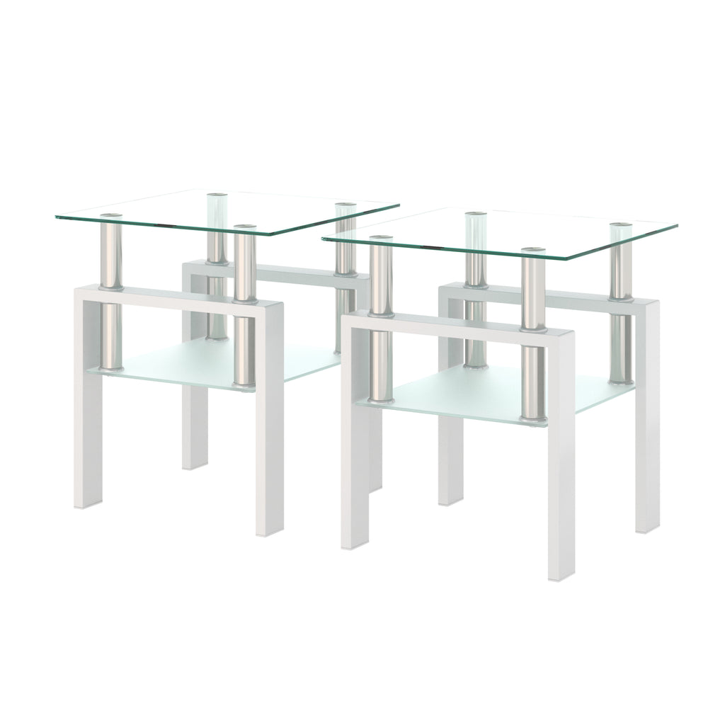 Set of 2, Modern Tempered Glass Tea Table Coffee Table End Table, Square Table for Living Room, Transparent/White - Grand Goldman Shop