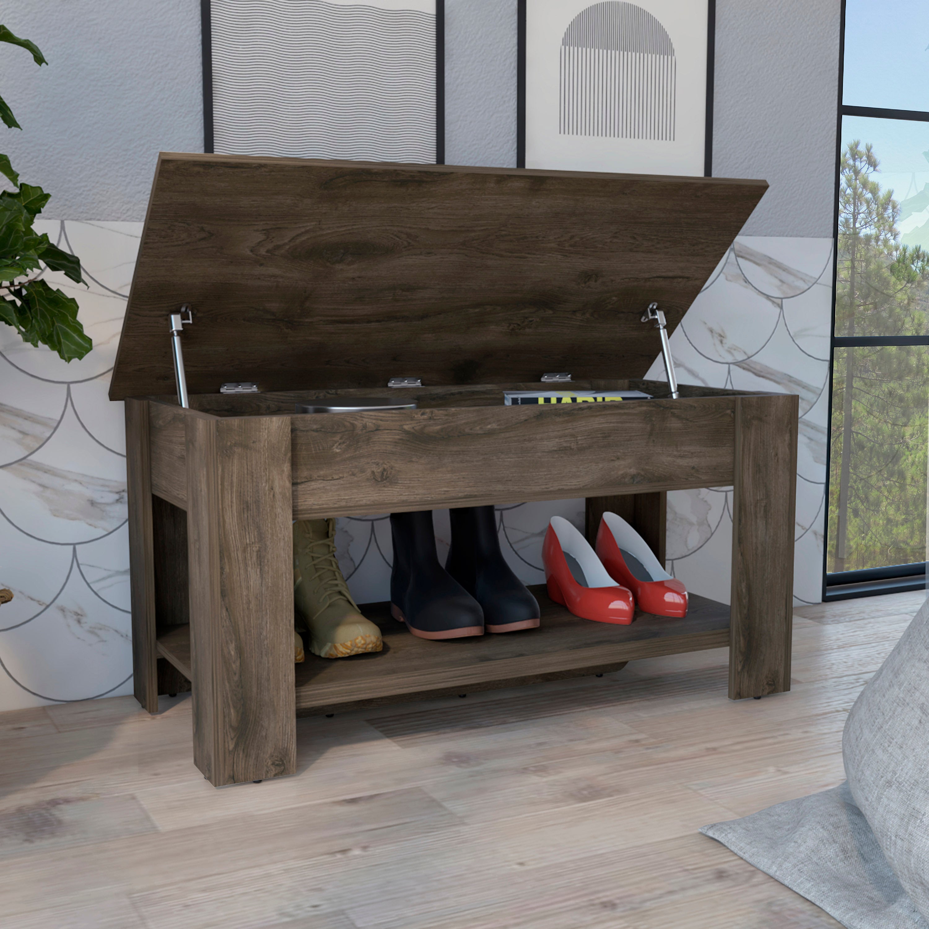 Austin Storage Table, One Extendable Table Shelf, Four Legs, Lower Shelf -Dark Brown - Grand Goldman Shop