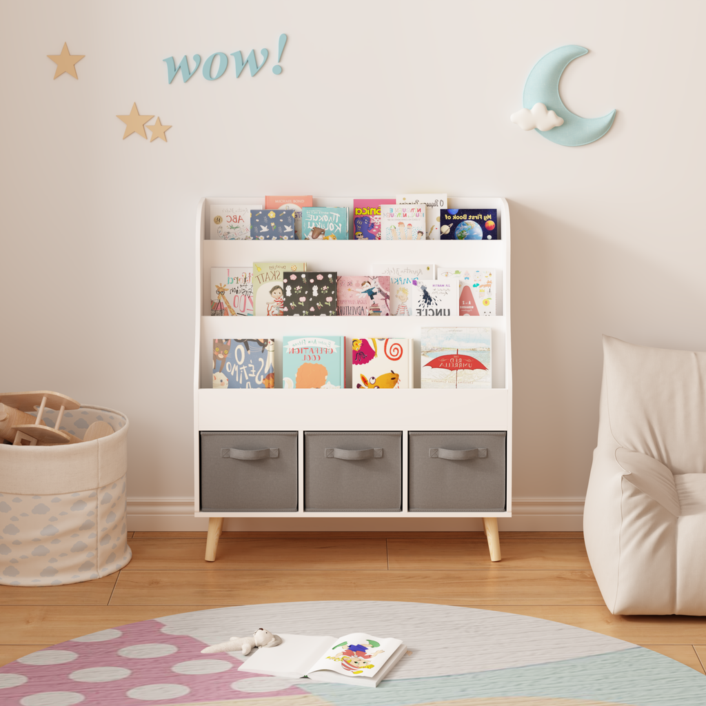 Kids Bookshelf with 3 Fabric Storage Bins, White Wooden Book Display Organizer for Toddlers and Children, Front-Facing Book R
