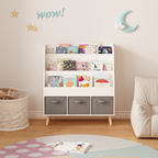 Kids Bookshelf with 3 Fabric Storage Bins, White Wooden Book Display Organizer for Toddlers and Children, Front-Facing Book R