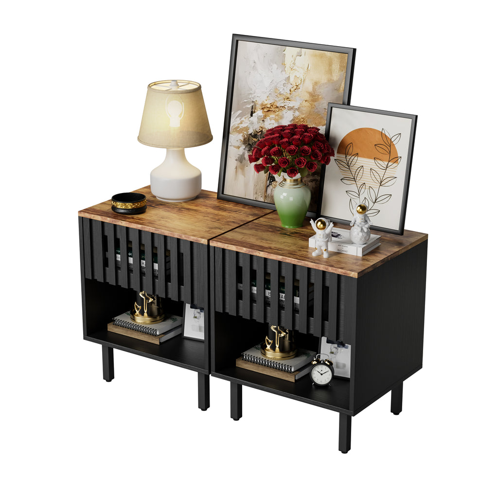 2 Set Nightstands with Grille Striped Doors, Mid Century Modern Nightstand, Bedside Table with Slatted Drawer Decor, End Tables Bedroom with Metal Legs, Night Stand for Bedroom - Grand Goldman Shop