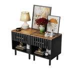 2 Set Nightstands with Grille Striped Doors, Mid Century Modern Nightstand, Bedside Table with Slatted Drawer Decor, End Tables Bedroom with Metal Legs, Night Stand for Bedroom - Grand Goldman Shop
