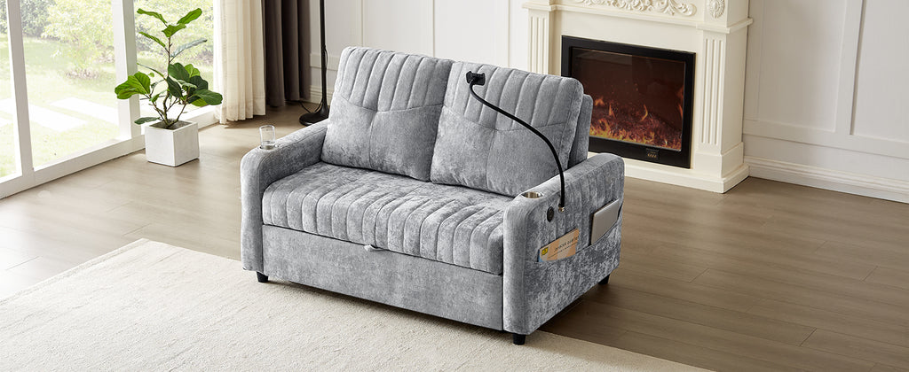 Modern Loveseat Pull-out Sofa Bed with Adjustable Backrest, Cup Holders, Phone Holder, Charging Ports, Side Storage Pockets, Grey Chenille - Grand Goldman Shop