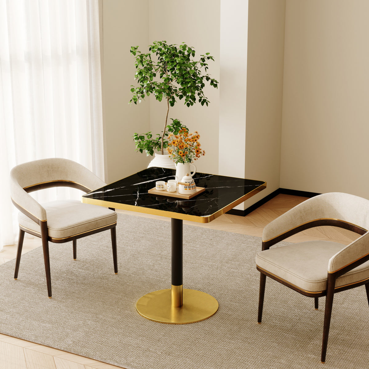 31.5' Square Modern Tulip Dining Table, Sintered Stone Tabletop with Luxury Faux Marble Print, Stainless Steel Bracket Base, Scratch & Wear Resistant, Waterproof Surface, Ideal for Indoor & Outdoor Us - Grand Goldman Shop
