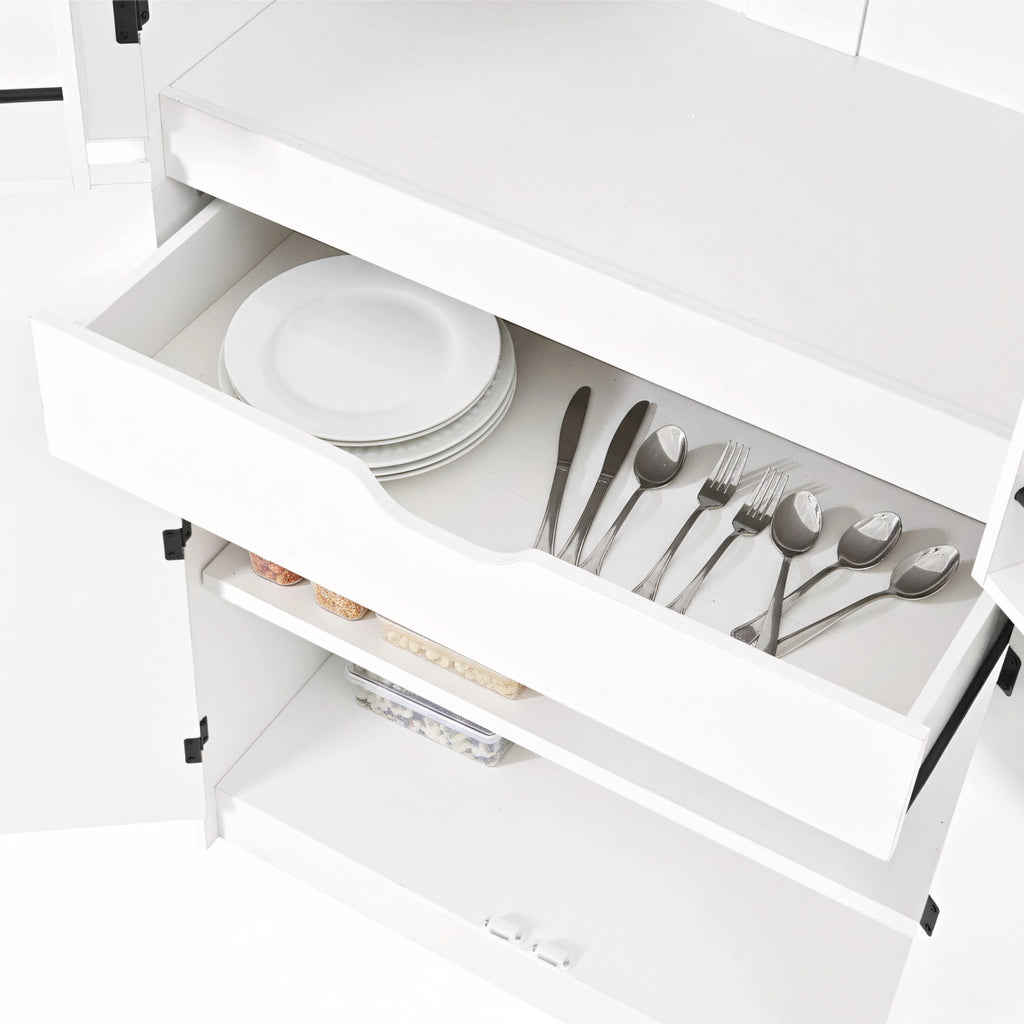 K&K 72' Tall Farmhouse Kitchen Pantry Cabinet with 8 Door Shelves, Curved Design Storage Cabinet with 3 Adjustable Shelves, Hidden Drawer, Versatile Cupboard for Kitchen, Dining & Bathroom, White - Grand Goldman Shop