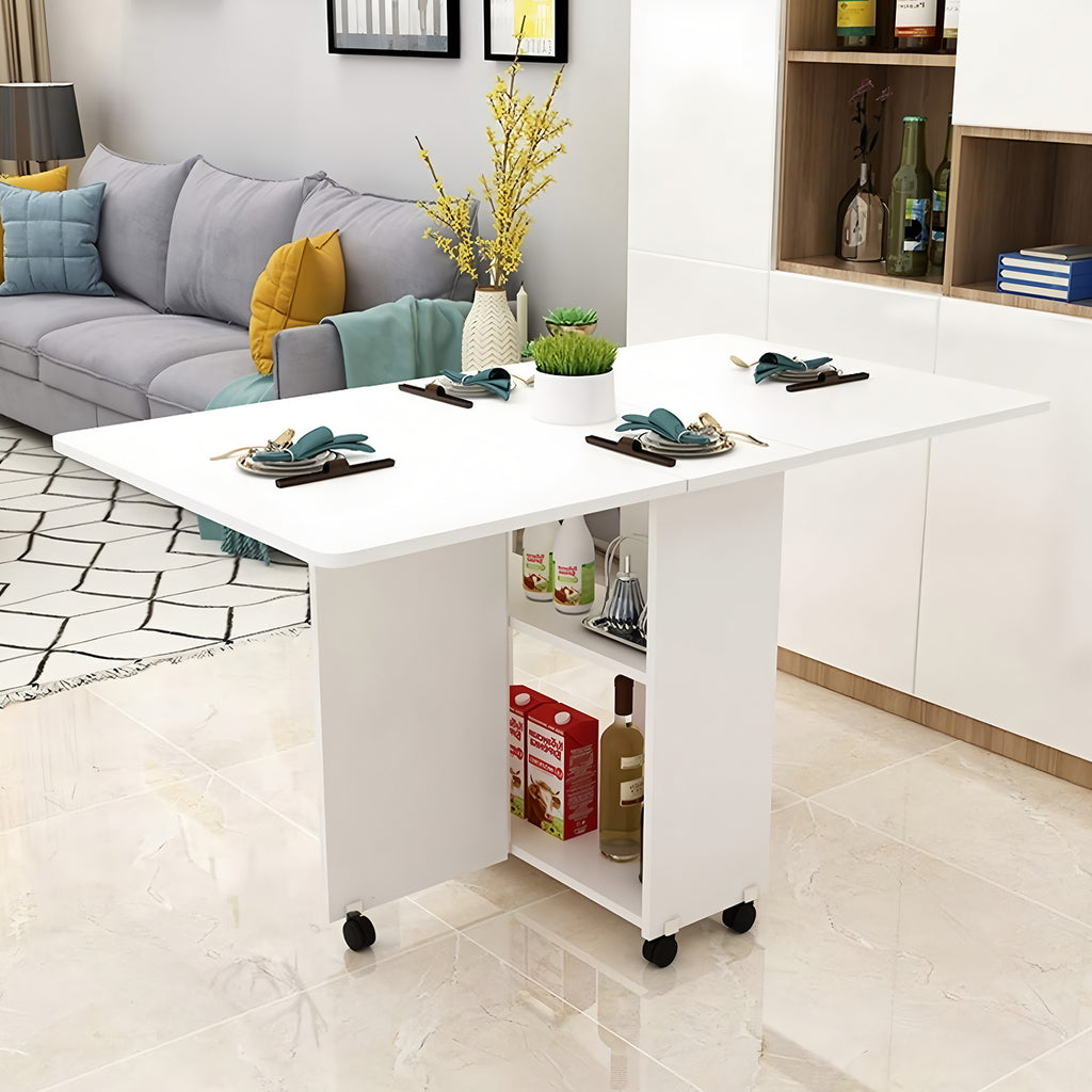 Folding Drop Leaf Dining Table with 6 Wheels and 2-Layer Storage Shelf, Space Saving Table for Small Spaces, 47.2 inch D x 23.6 inch W x 30.3 inch H, White - Grand Goldman Shop