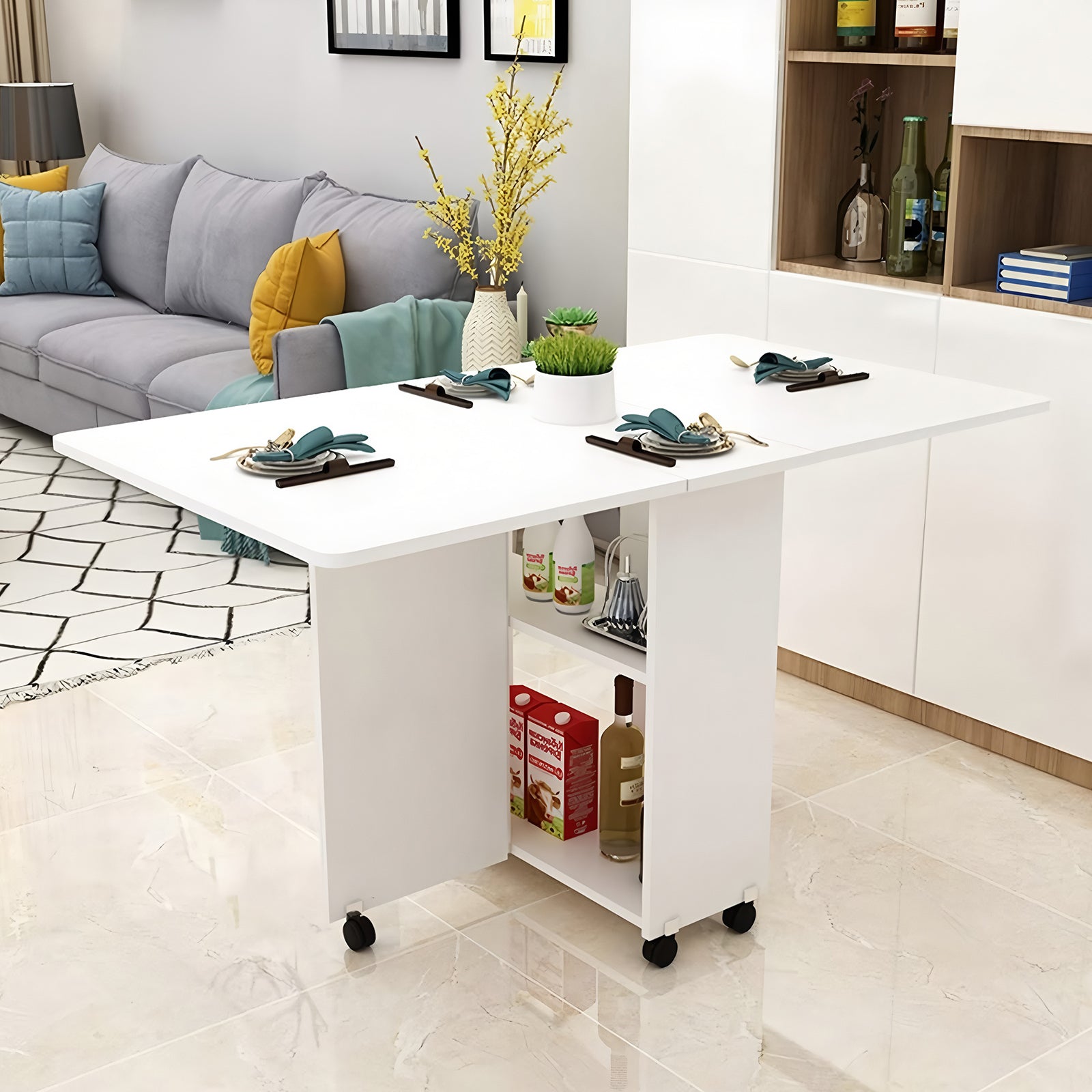 Folding Drop Leaf Dining Table with 6 Wheels and 2-Layer Storage Shelf, Space Saving Table for Small Spaces, 47.2 inch D x 23.6 inch W x 30.3 inch H, White - Grand Goldman Shop