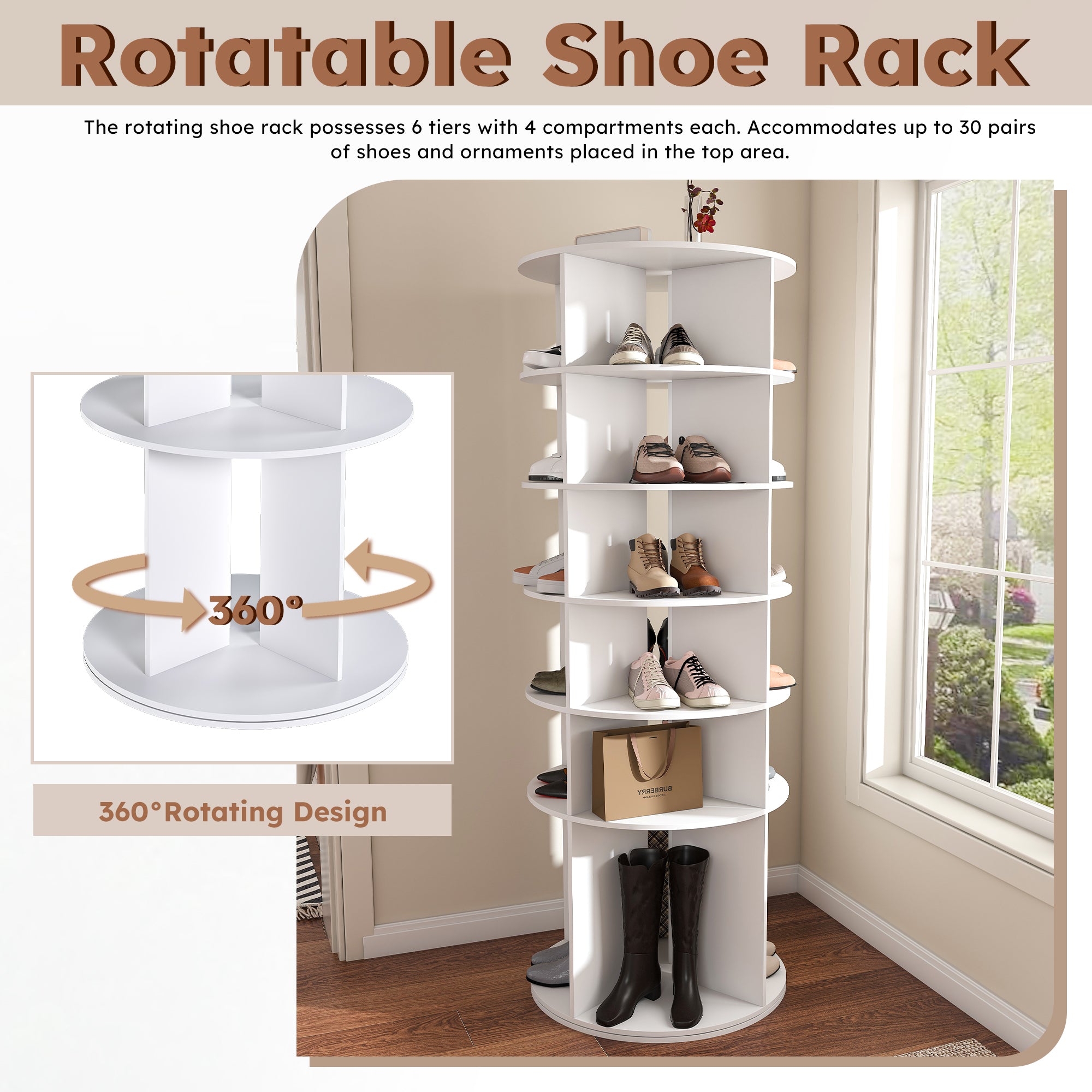 6-Tier Spinning Shoe Rack, Free Standing 360° Revolving Shoe Organizer,white - Grand Goldman Shop