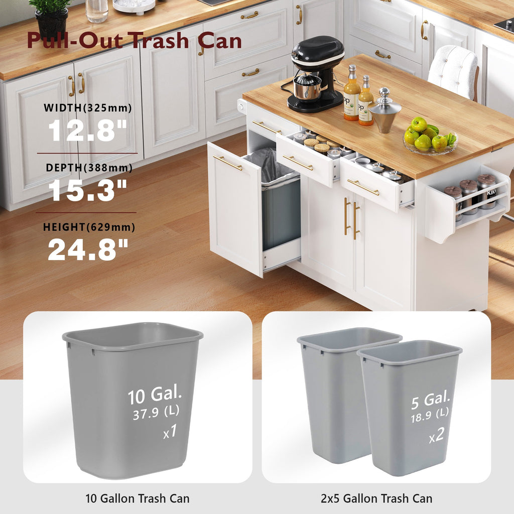K&K 59.3' Kitchen Island with Storage 2 Pull Out Cabinet Organizers & Rubber Wood Drop Leaf, Rolling Kitchen Island with Trash Can Storage, Power Outlet, Spice & Towel Rack for Kitchen, Dining, White - Grand Goldman Shop