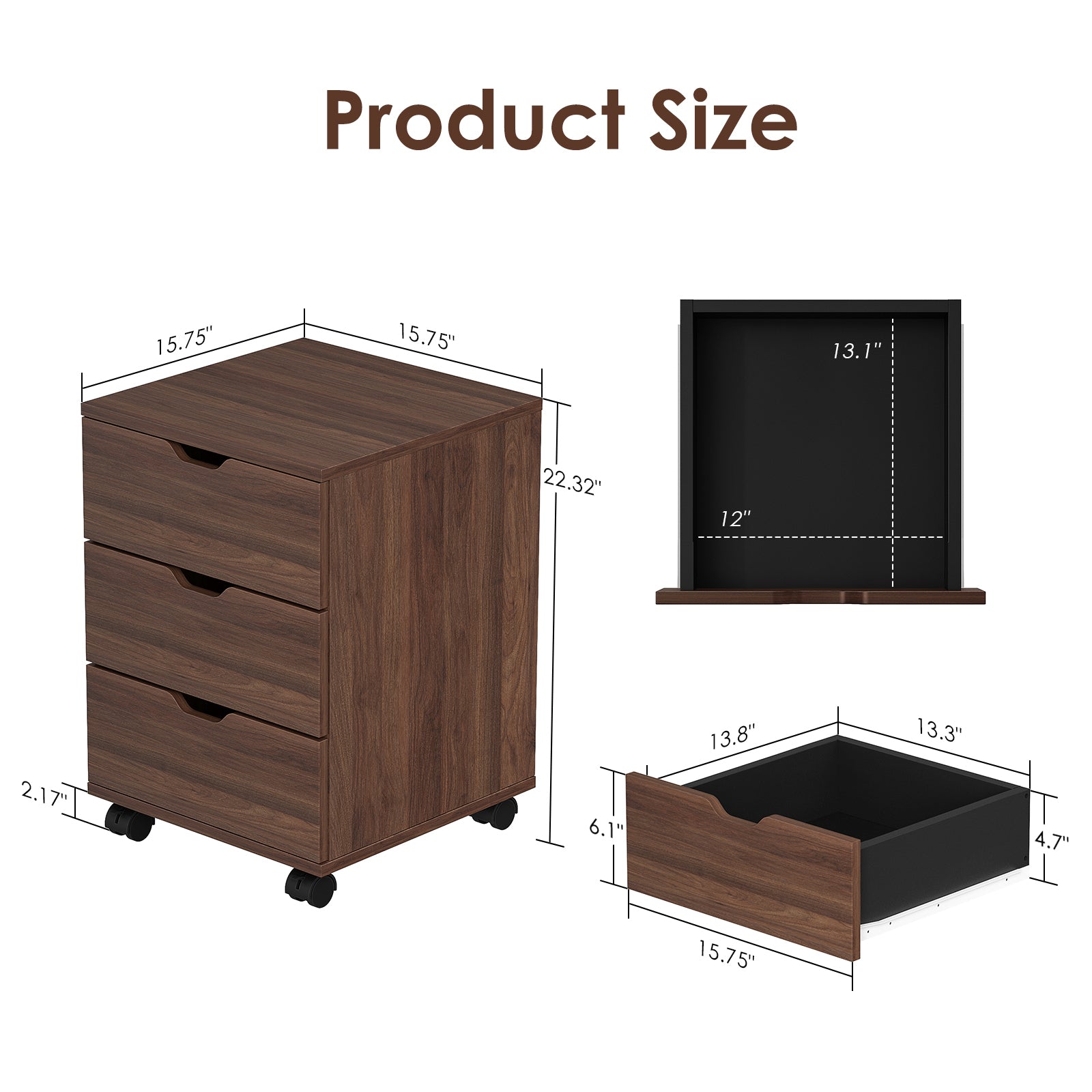 3-Drawer Vertical Filing Cabinet Rolling Wood Mobile File Cabinets Under Desk for Home Office with Casters (Non-Assembled) | 